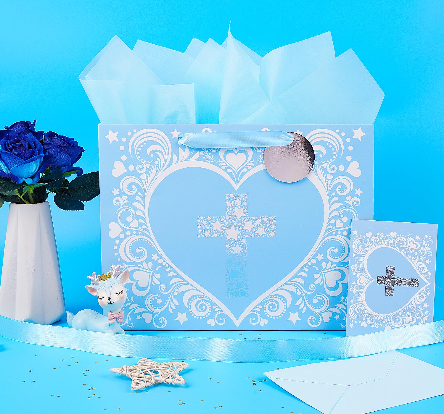 JWSCYSY 12.6" Large Blue Gift Bag with Metallic Silver Star Cross Design, Card and Tissue Paper for Baby Boy Baptisms, Christenings, First Communions Religious