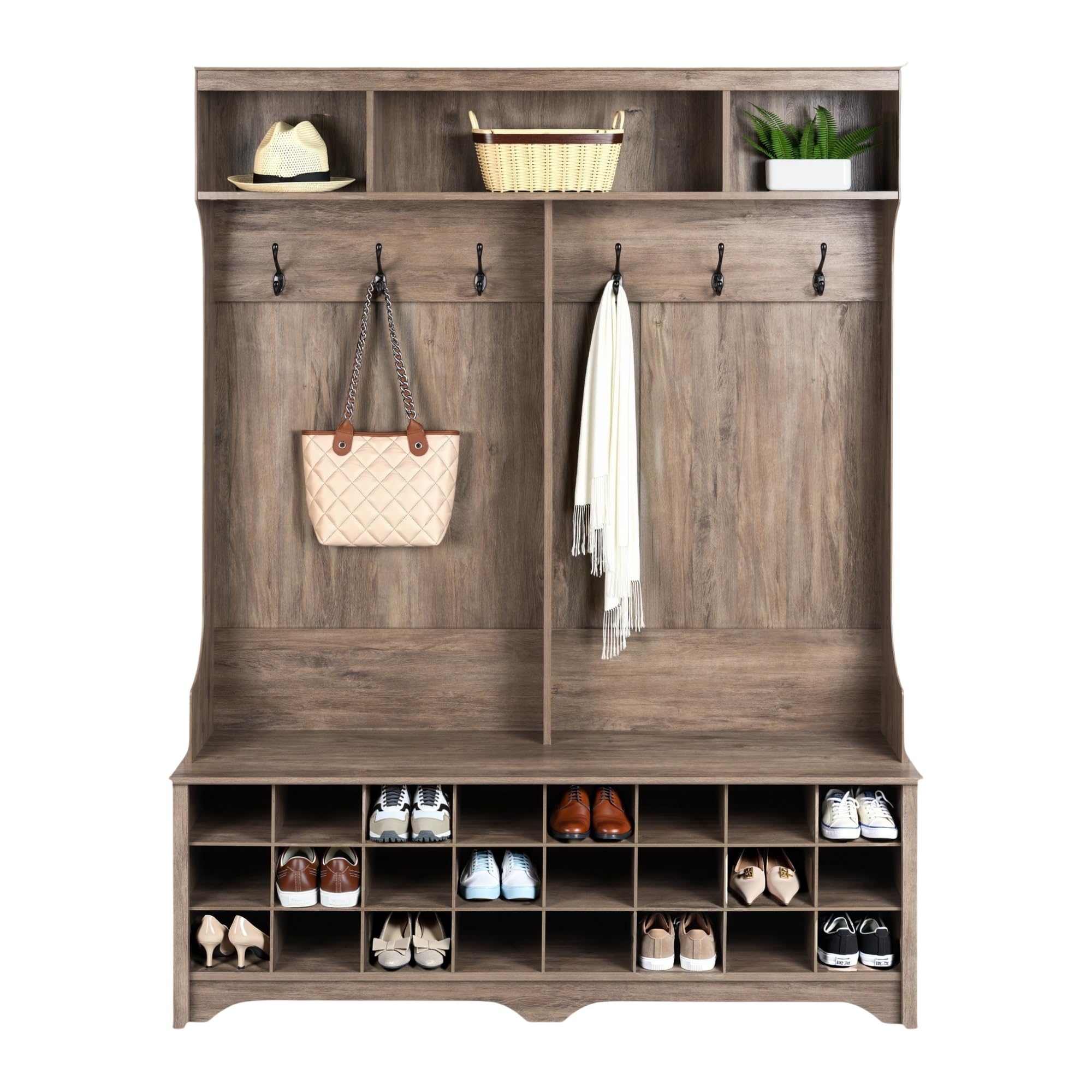 Prepac Gray Hall Tree, Shoe Cabinet, Storage Cabinet with 24 Shoe Cubbies and 6 Double Coat Hooks 15.5" D x 60" W x 77" H