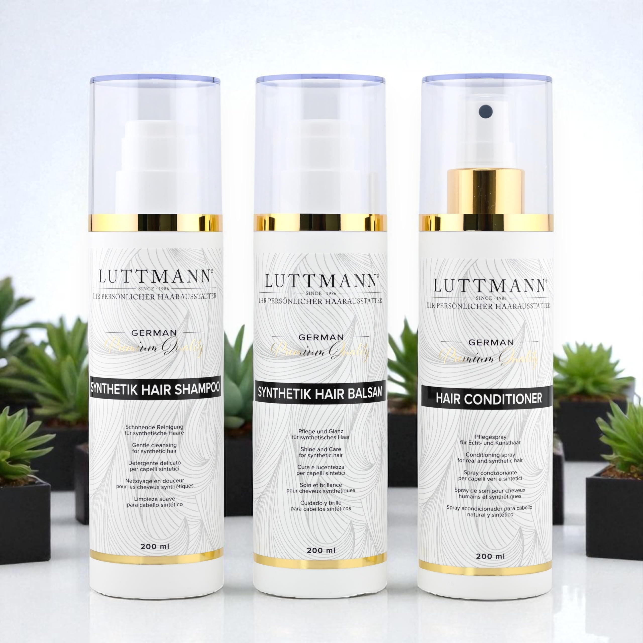 Kunsthaar Pflegeset – Perücken Shampoo, Balsam & Conditioner – Pflege für synthetische Haare, Kunsthaarperücken, Haarteile & Zweithaar – 3 x 200 ml