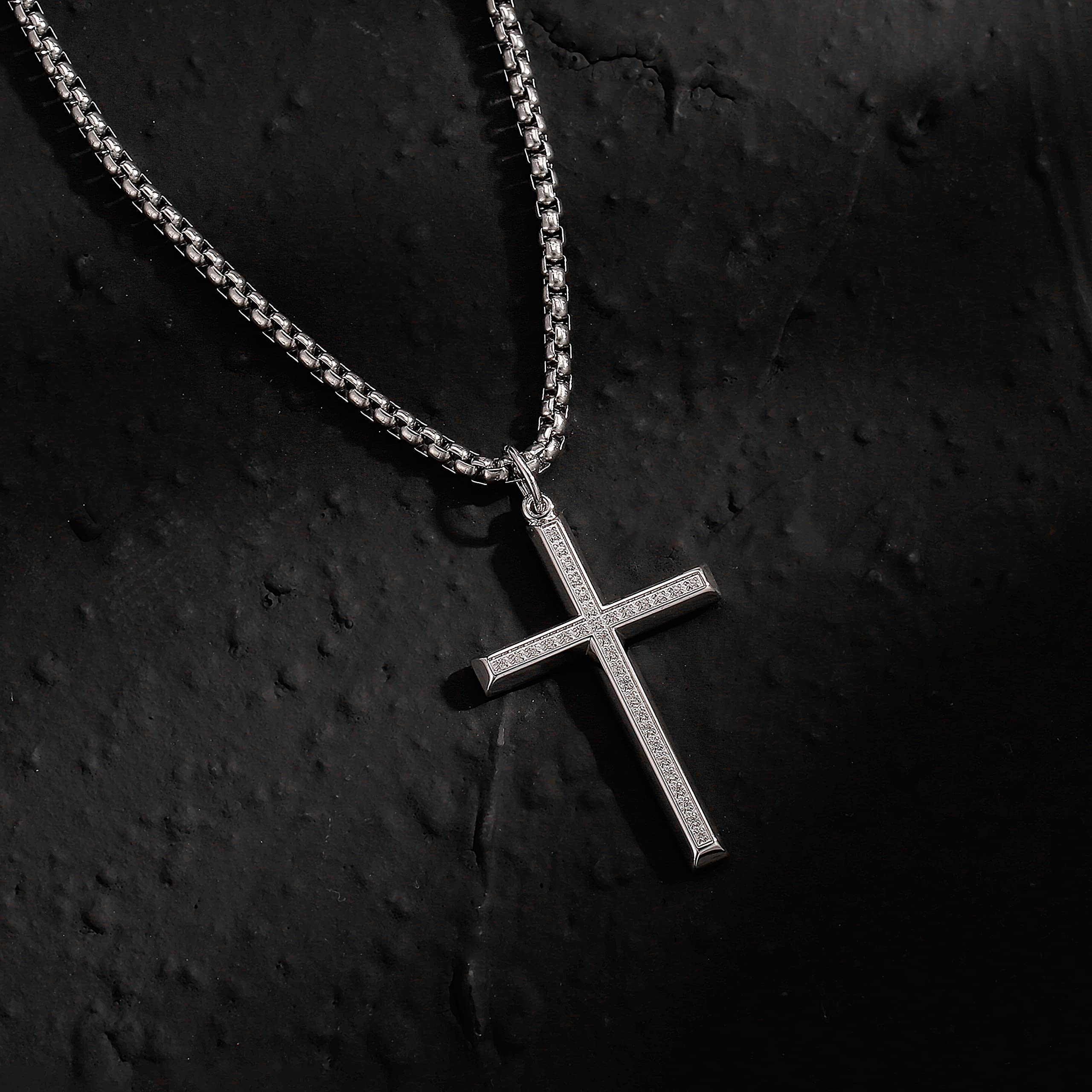 FANCIME Collier Homme avec Pendentif Croix en Argent sterling 925 et Chaîne Acier Inoxydable pour Hommes - Longueur 61 cm