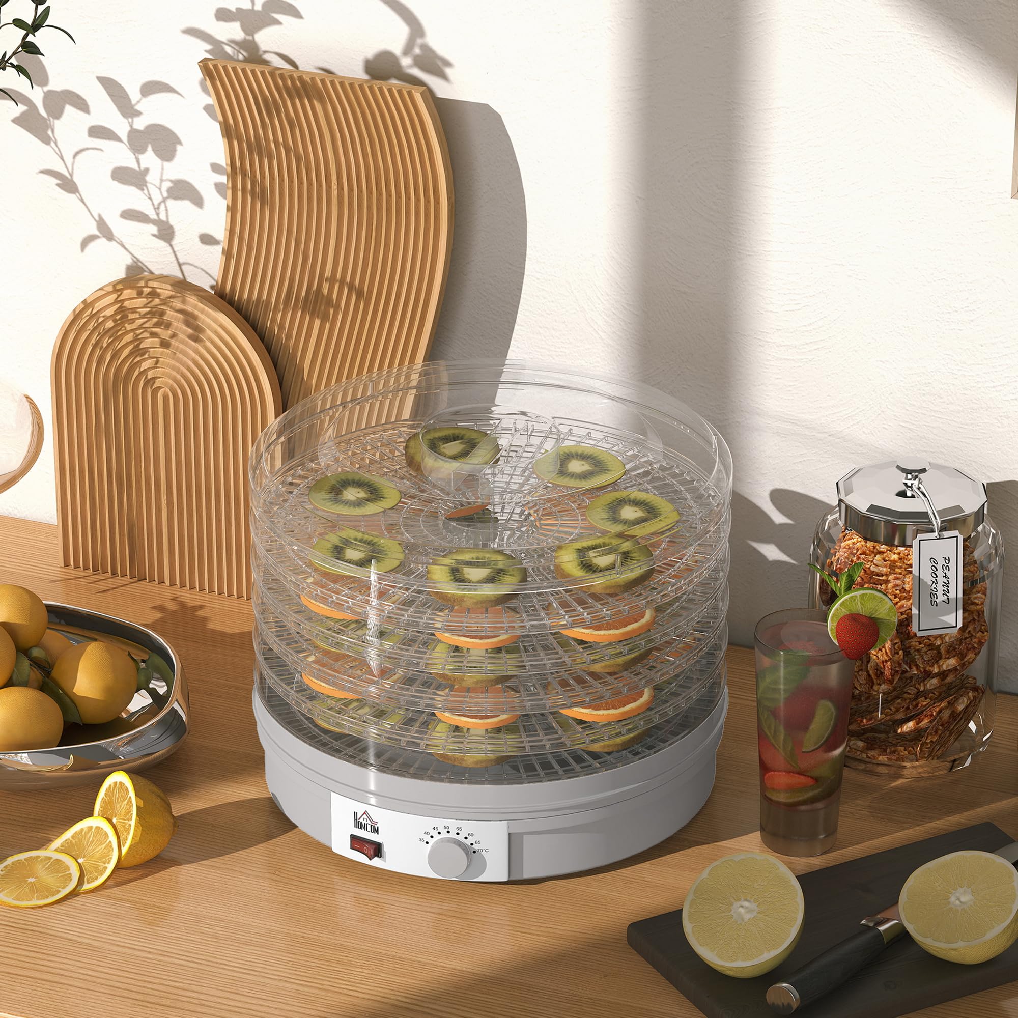 HOMCOM Dörrautomat Dörrgerät, 245 W, 35-70°C Temperaturregler, 5 Einlegefächer, Dehydrator für Lebensmittel, Obst, Fleisch, Gemüse, Blumen, BPA frei