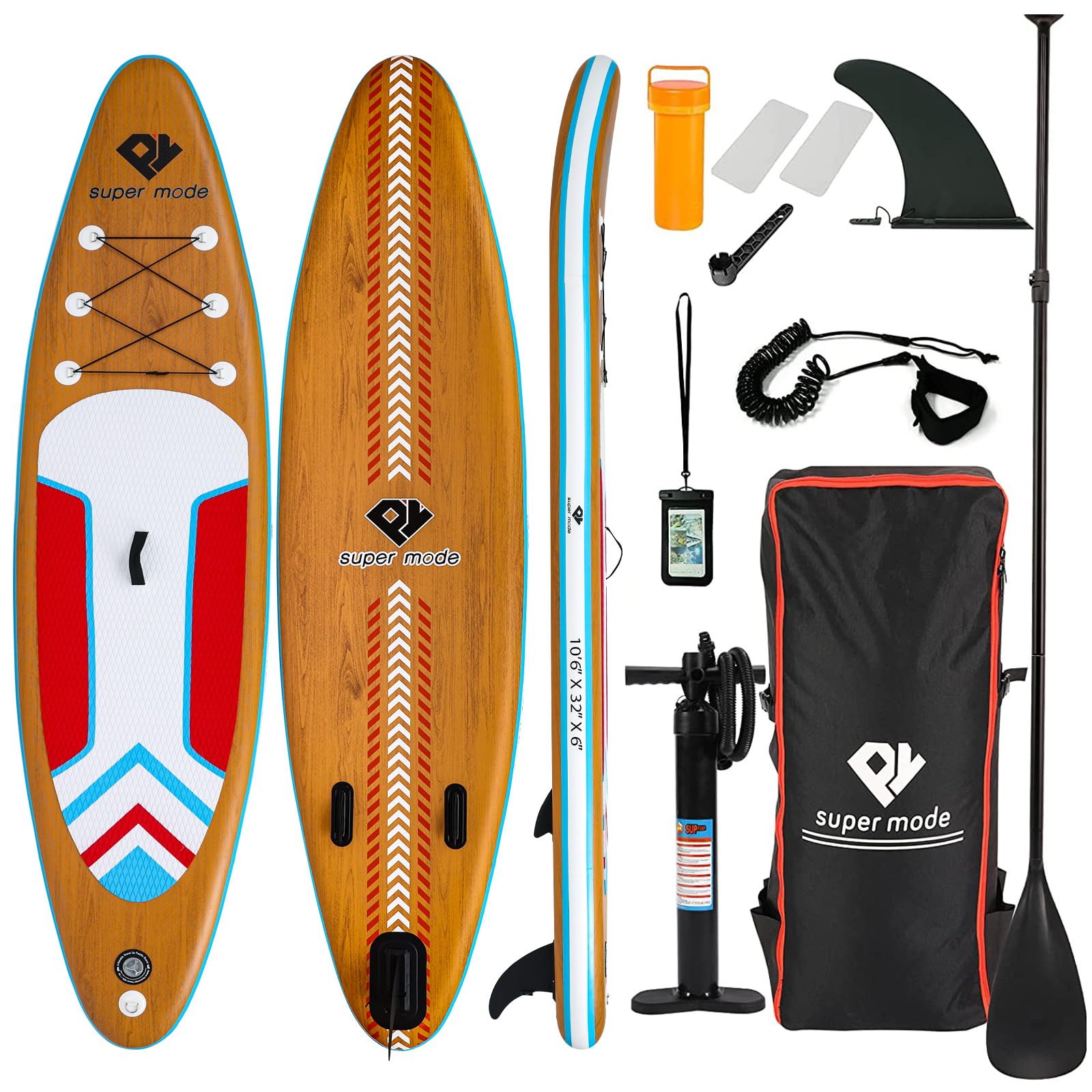 inflatable stand up paddle board 10' 6"x 32"x 6" with premium sup accessories - backpack, adjustable paddle, non-slip deck, hand pump, leash, fins, waterproof bag