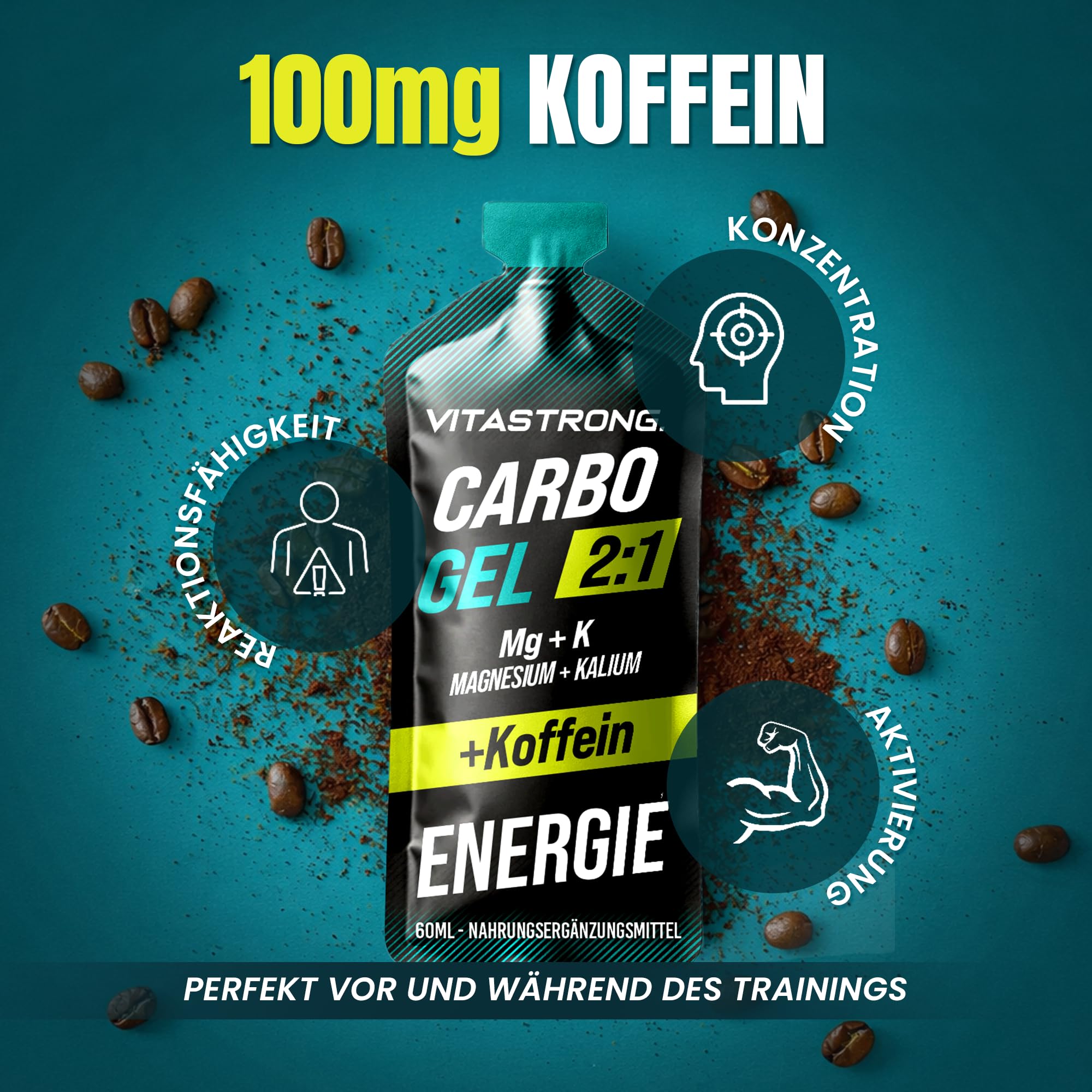 Vitastrong Carbo Gel 2:1 Energy, 24 x 60ml Monodosis, 40g Kohlenhydraten, 56mg Magnesium und 300mg Kalium/Portion, Maltodextrin für Intra-Workout (60ml (24er-Packung), Kohlenhydratgel mit Koffein)