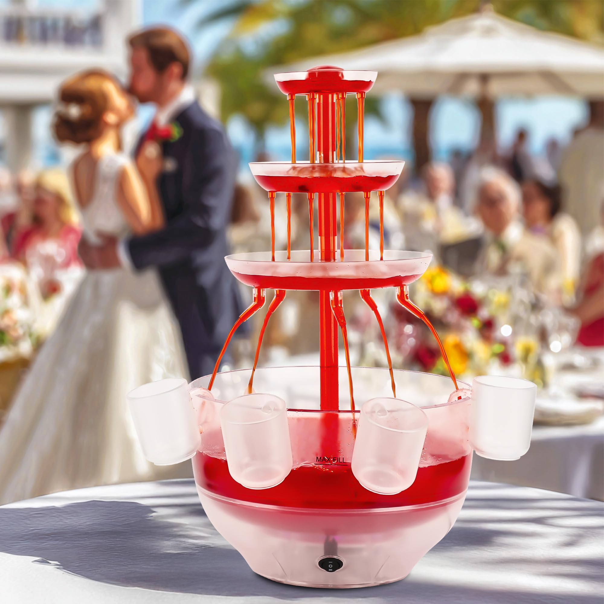 Fuente transparente de 3 niveles, fuente de bebidas de 4 l con base iluminada LED con 4 vasos reutilizables, fuente de fiesta vintage para zumos, vinos, cervezas