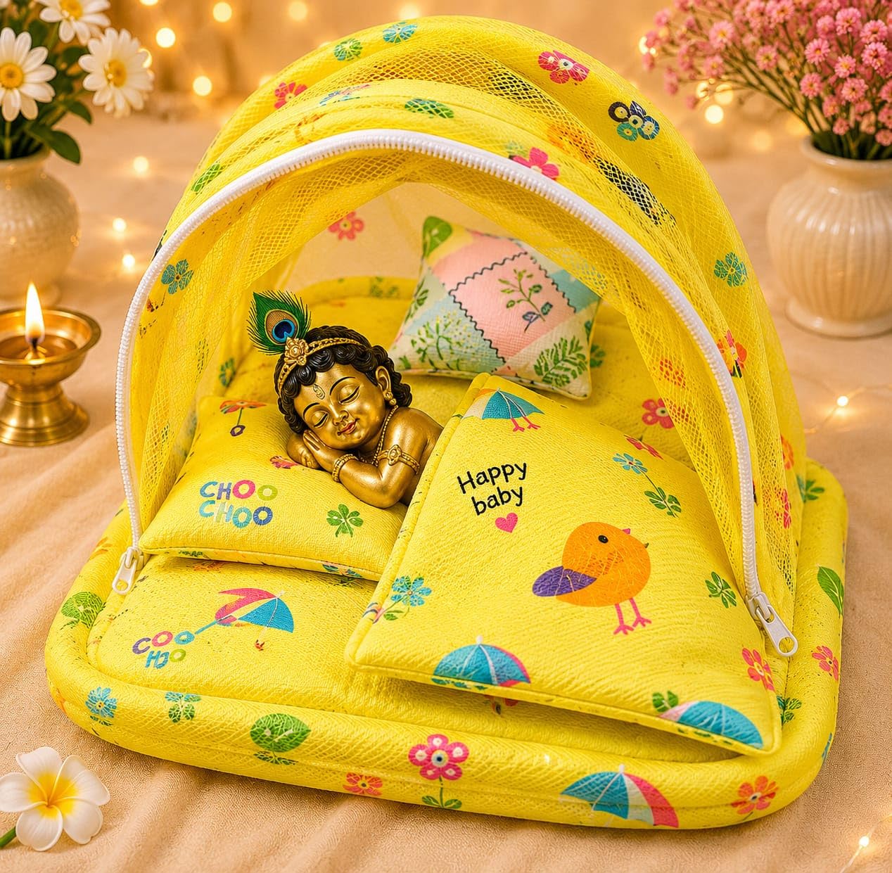 Thakur ji Bed with Mosquito Nett | Soft Comfortable Sleeping Bed for Bal Gopal/Kanha Ji |Size 0 to 1 Number Gopal ji in Random Beautiful Color Yellow-image-15