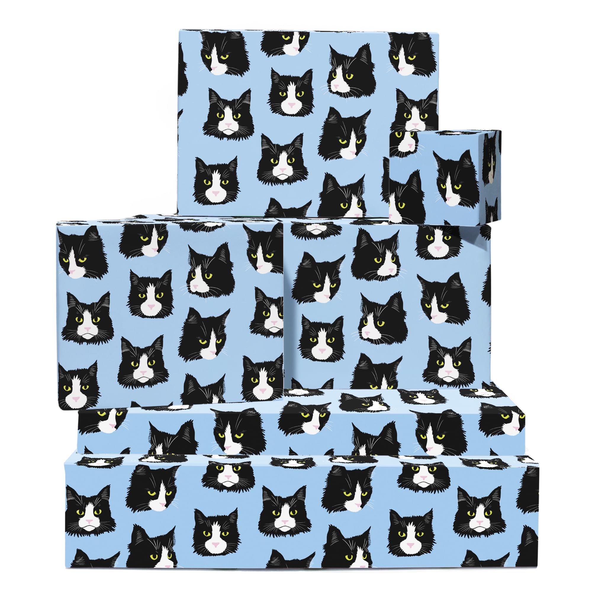 Cat Wrapping Paper - Cat, Funny, Blue Tones - 6 Sheets of Giftwrap for Friends Coworkers Men Women - All Occasion Birthday - Comes With Stickers by Central 23