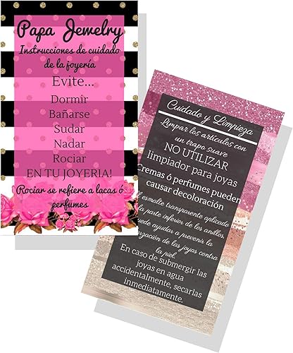 Tarjetas españolas de limpieza y cuidado de joyas Paquete de 50 Instrucciones de cuidado de Jewelry Bling Queen en español Rayas con diseño floral