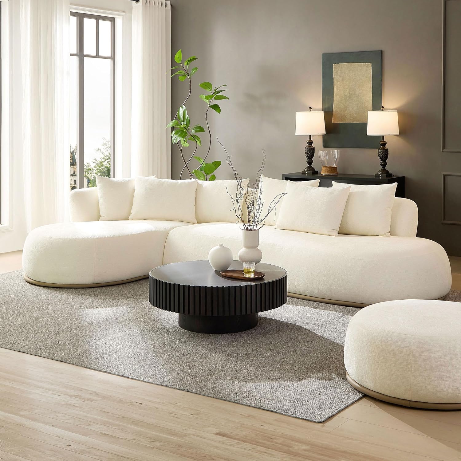 134.63" Oversize L-Shape Sectional Sofa with Left Chaise+Ottoman, Modern Upholstered Cloud Couch w/Deep Seat & 6 Decorative Pillows for Living Room, No Assembly Required, Beige