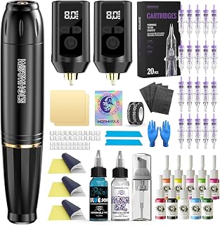 Wormhole Wireless Tattoo Gun Kit with Dual 1800mAh Batteries - Rotary Tattoo Pen, 20 Tattoo Cartridges, 10 Inks for Precise Line Work and Shading Practice at Home WTK0362