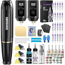 Wormhole Wireless Tattoo Gun Kit with Dual 1800mAh Batteries, Rotary Tattoo Pen, 20 Tattoo Cartridges, 10 Inks for Precise Line Work and Shading Practice at Home WTK0362