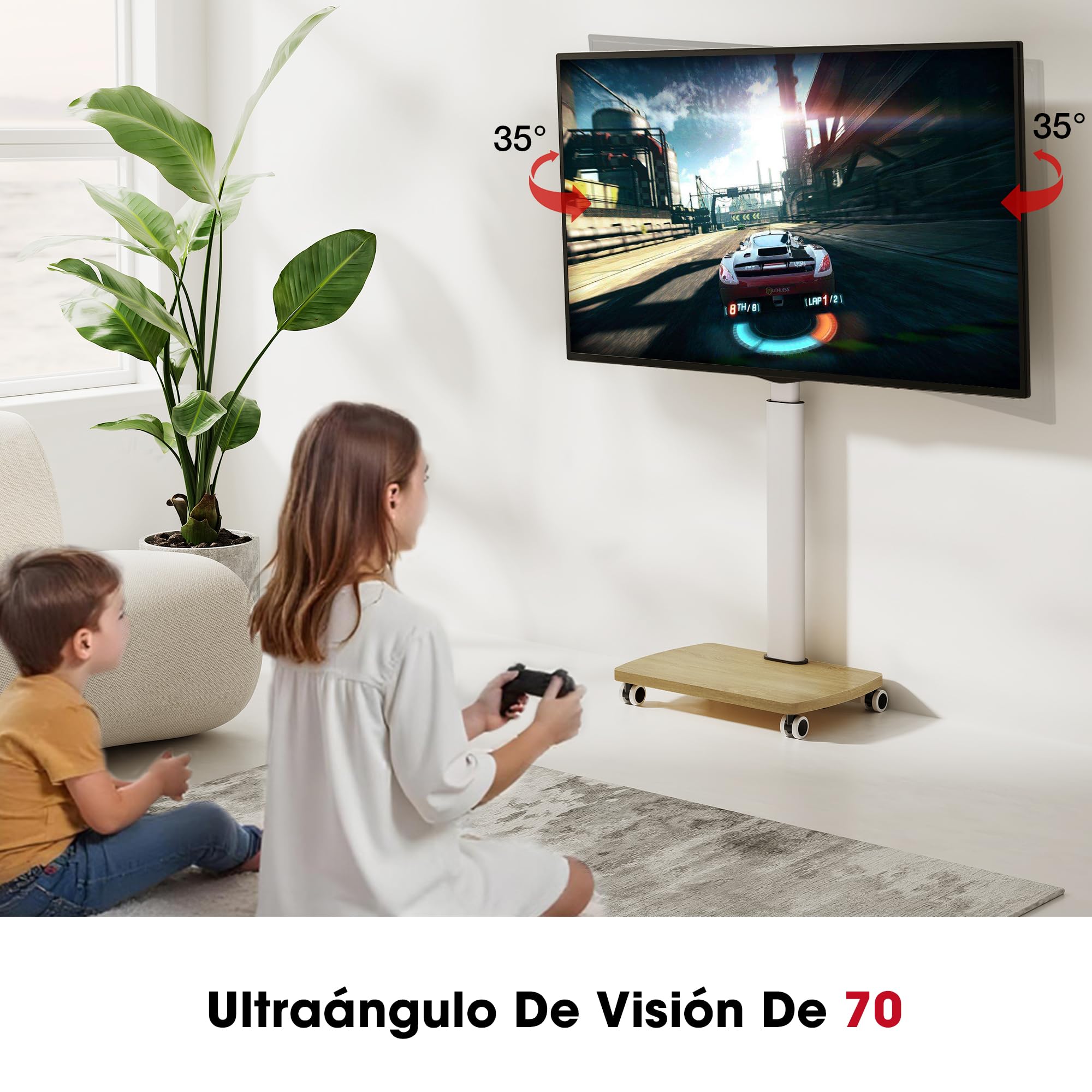 AOKCOS Soporte TV con Ruedas Horizontal y Vertical para 19-42 Pulgadas, Soporte TV Pie con Base de Madera, inclinación Altura Ajustable y Giratorio, hasta 20 kg MAX. VESA 200×200mm Blanco