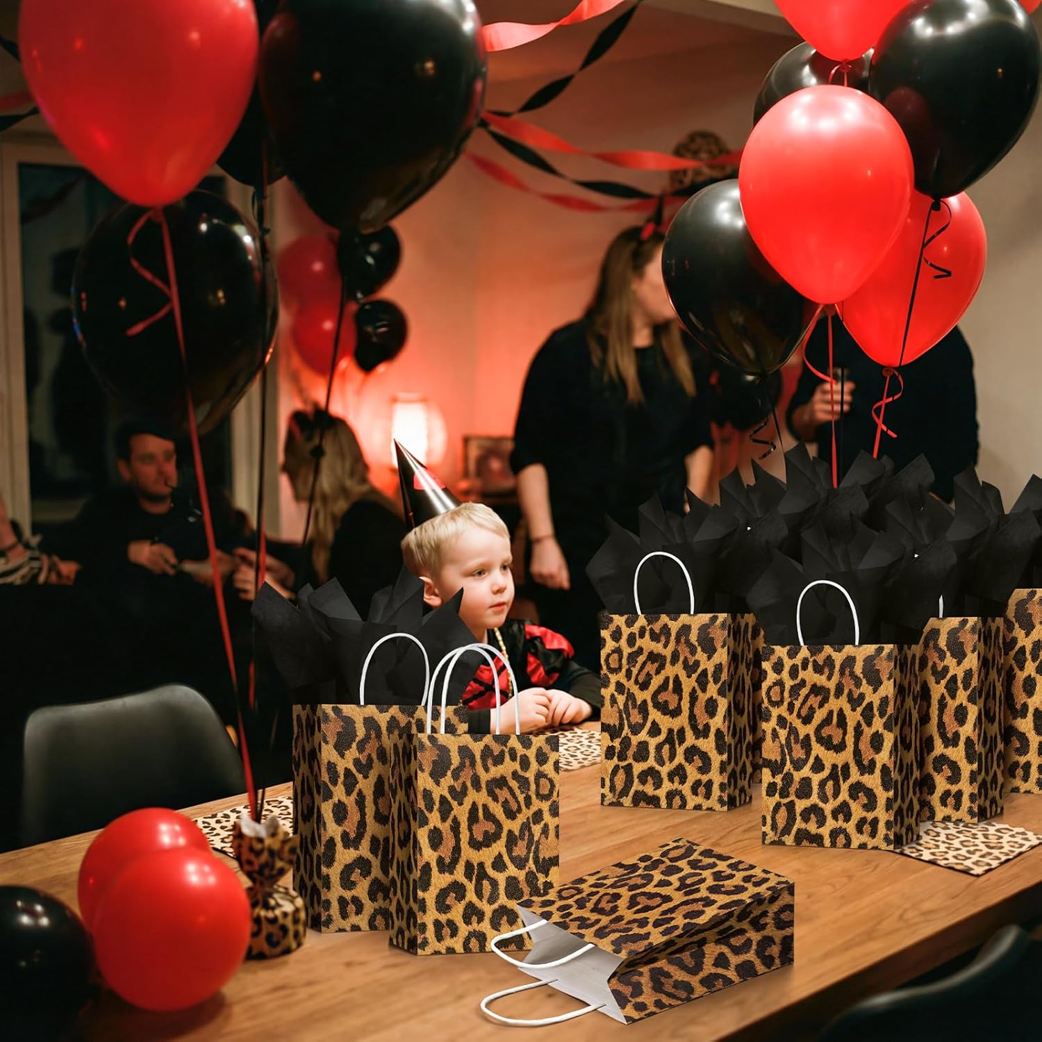 Sepamoon 30 Pcs Cheetah Print Gift Bags with Black Tissue 8 x 6 x 3 Inch Jungle Safari Party Favor and Handles Leopard Treat Goodie Animal Print Kraft Paper Bags for Party Decoration Supplies