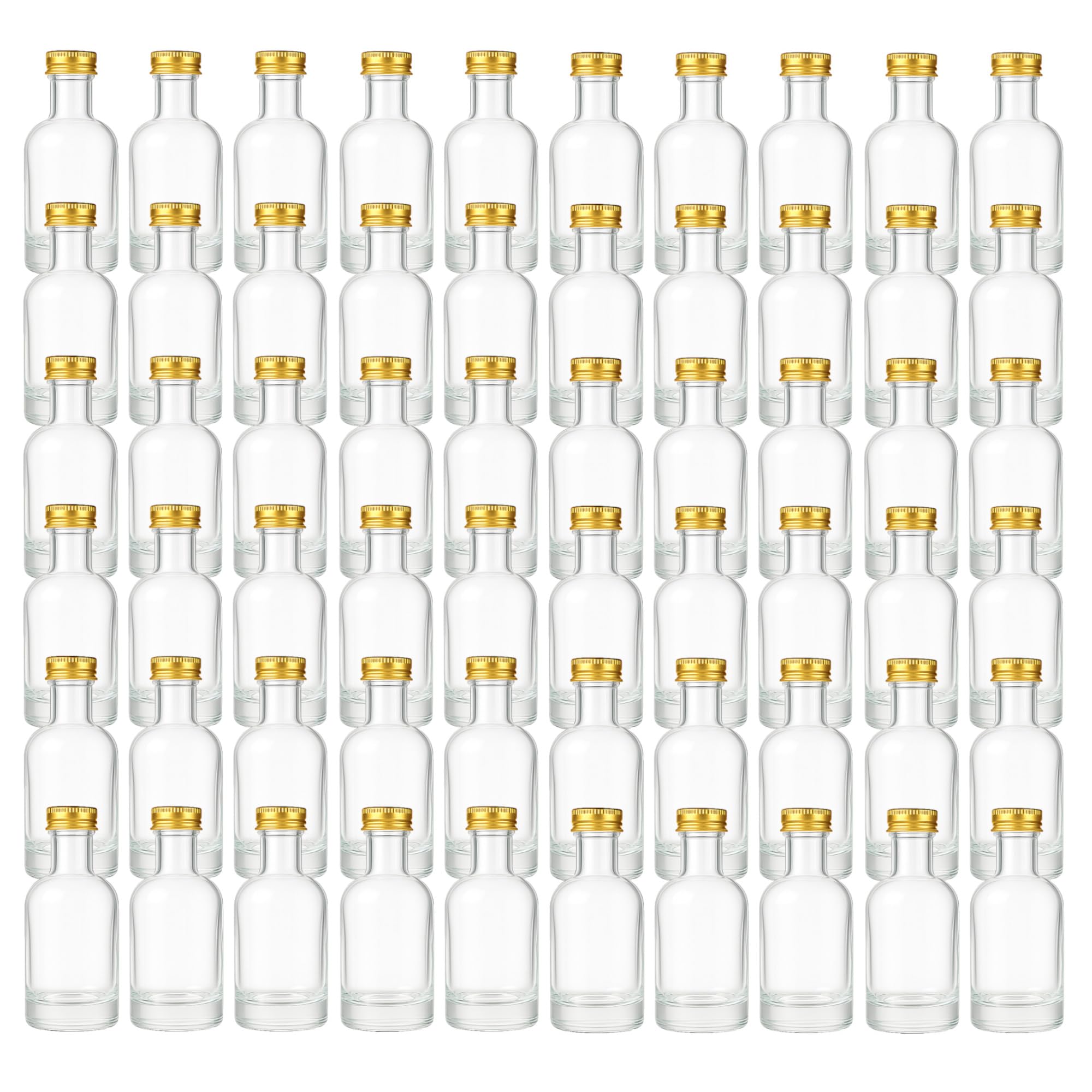 gouveo Lot de 60 mini bouteilles rondes en verre de 50 ml avec bouchon à vis doré à fond épais et goulot étroit Idéal pour liqueurs, huile, échantillons, cosmétiques (KFT050G)