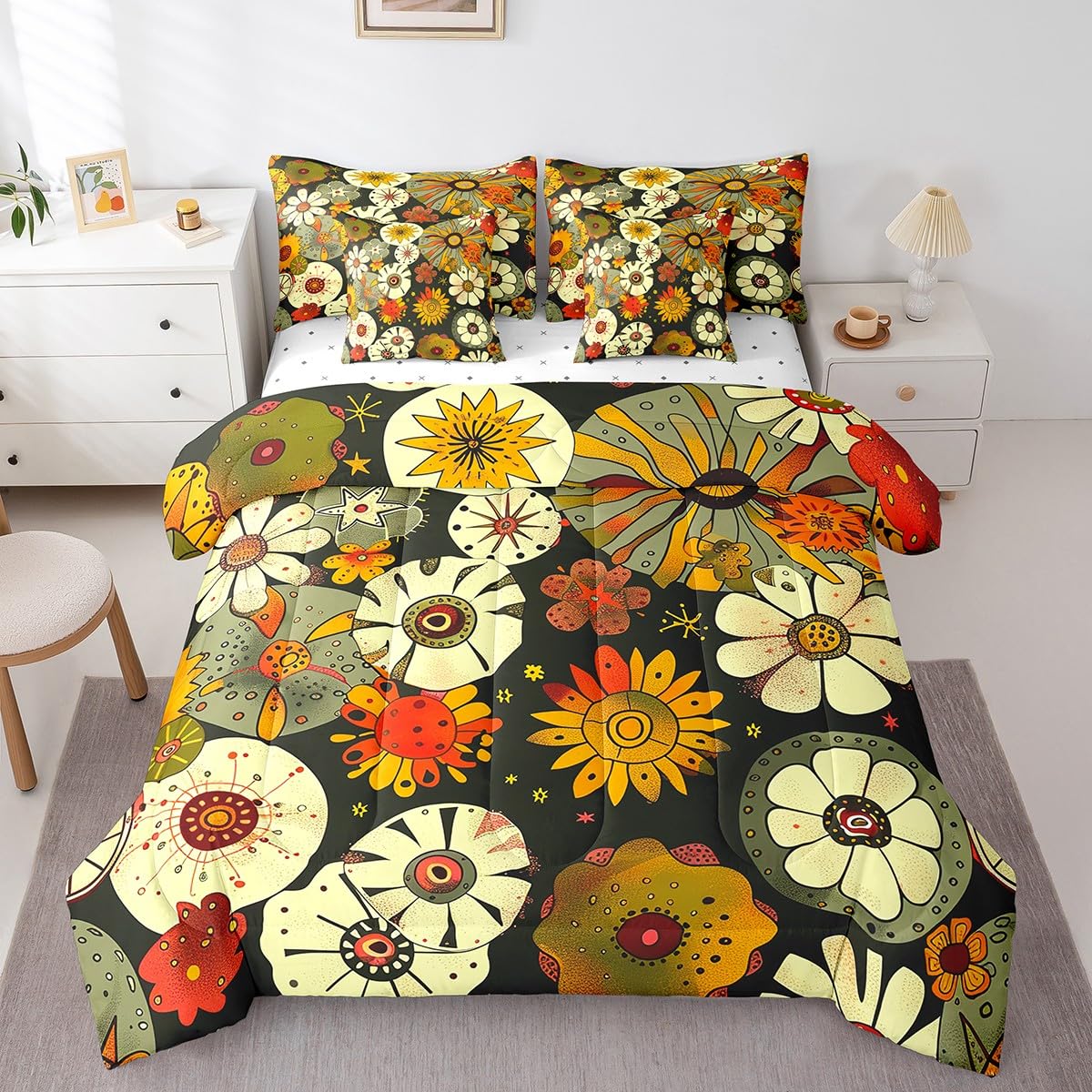 7-Piece King Size 70s Retro Floral Comforter Set - Includes Sheets, Shams & Pillowcases