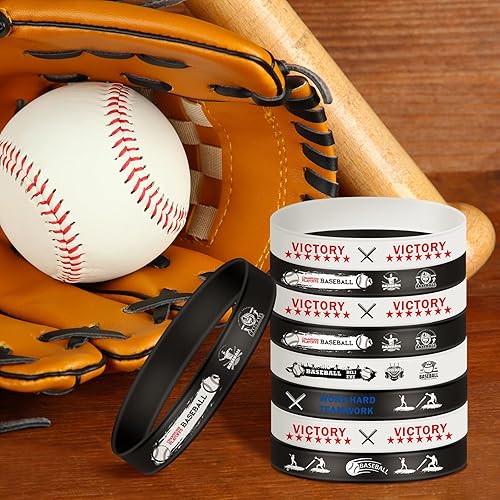 Miniatura 4 de Karenhi 96 pulseras de silicona de béisbol con temática de béisbol, pulseras motivacionales para fiestas de béisbol, regalos de premios para