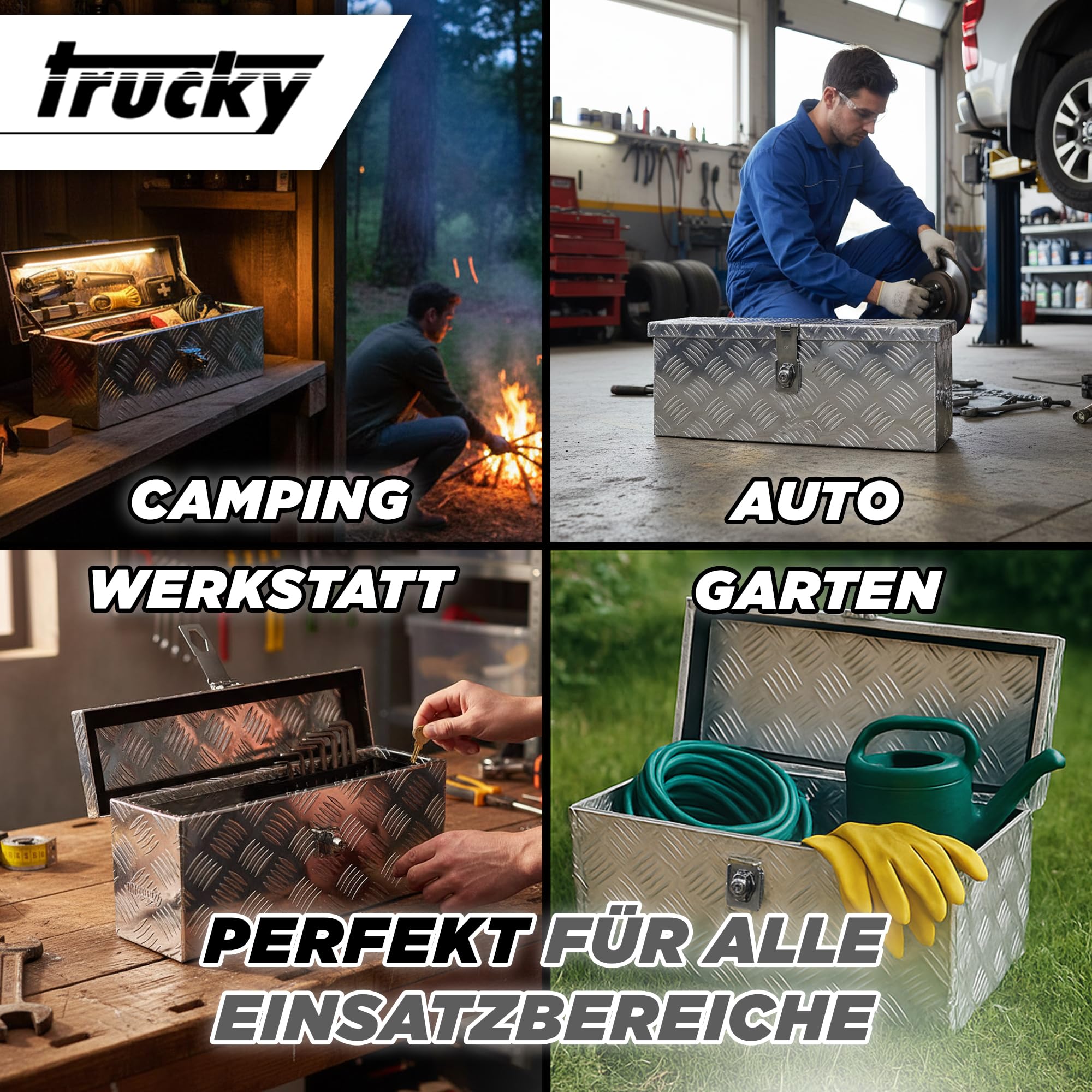 Trucky Truckbox aus Aluminium, Modell D015, 50x14x20cm, Abschließbar, Robustes Riffelblech, inklusive Montagesatz, Für Werkstatt, Auto, Hobby