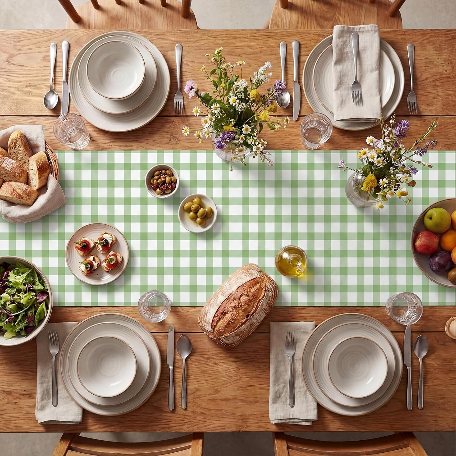 Tinlade Green White Checkered Paper Table Runner Roll 25' Long x 16" Wide Disposable Gingham Table Runner for Easter Spring Birthday Party Wedding Baby Shower Bridal Holiday Tabletop Home Decor