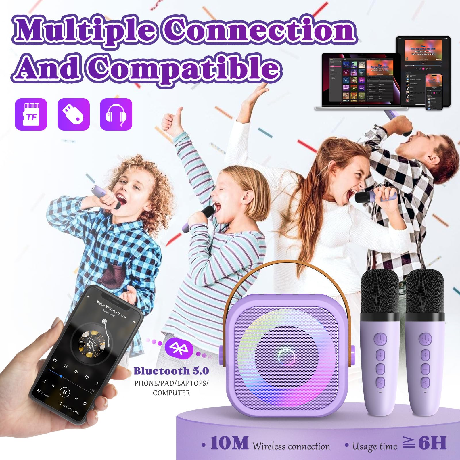 Maszyna Do Karaoke Dla Dzieci Z 2 Mikrofonami,Bezprzewodowy Bluetooth, Z Efektami Zmiany Gosu I Diodami Led Prezent Dla Dziewczynek, Dla Dziewczynek W Wieku 3-12 Lat Prezent Urodzinowy