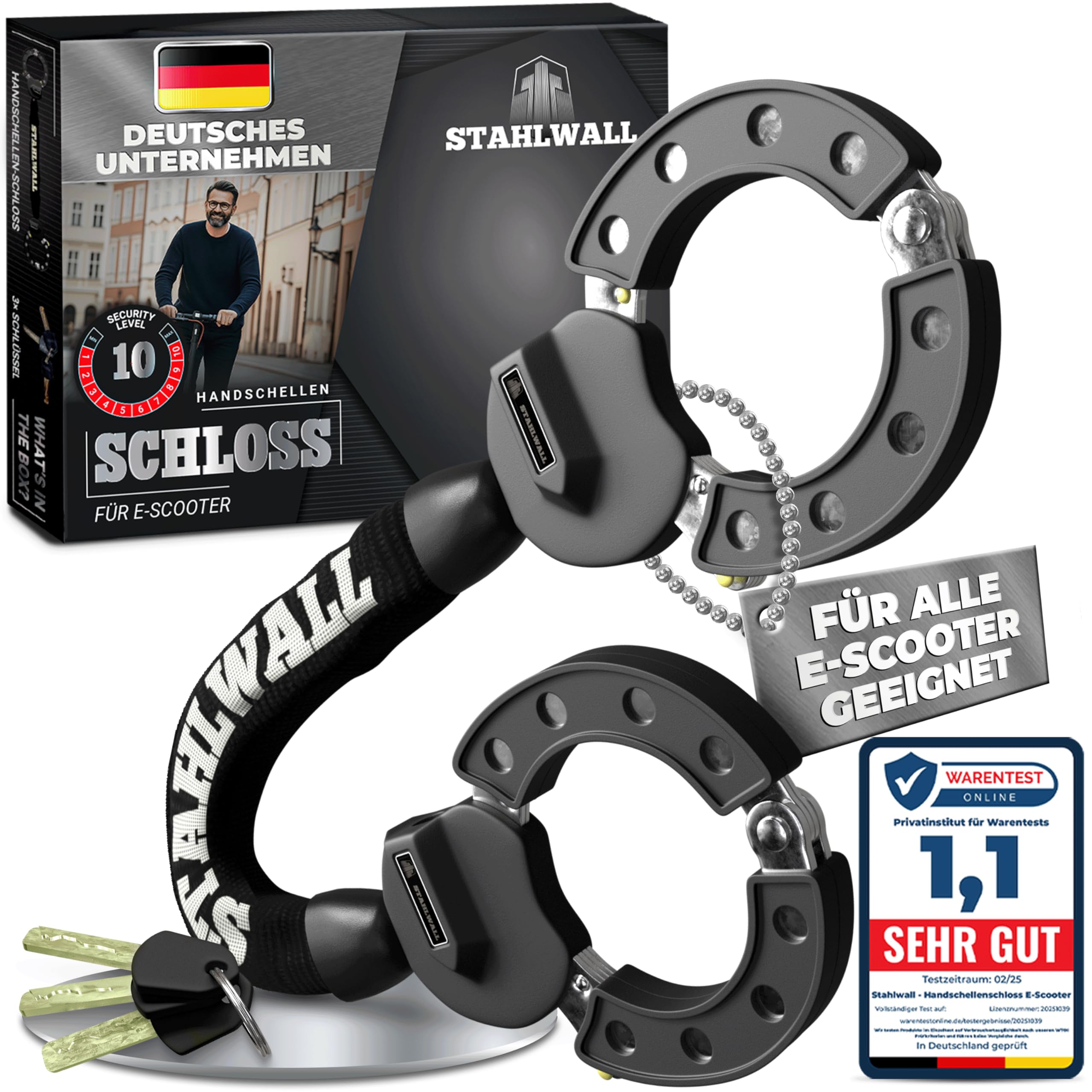 STAHLWALL E Scooter Schloss - maximale Sicherheit, feuergehärteter Stahl, Handschellenschloss für E Roller & Fahrrad
