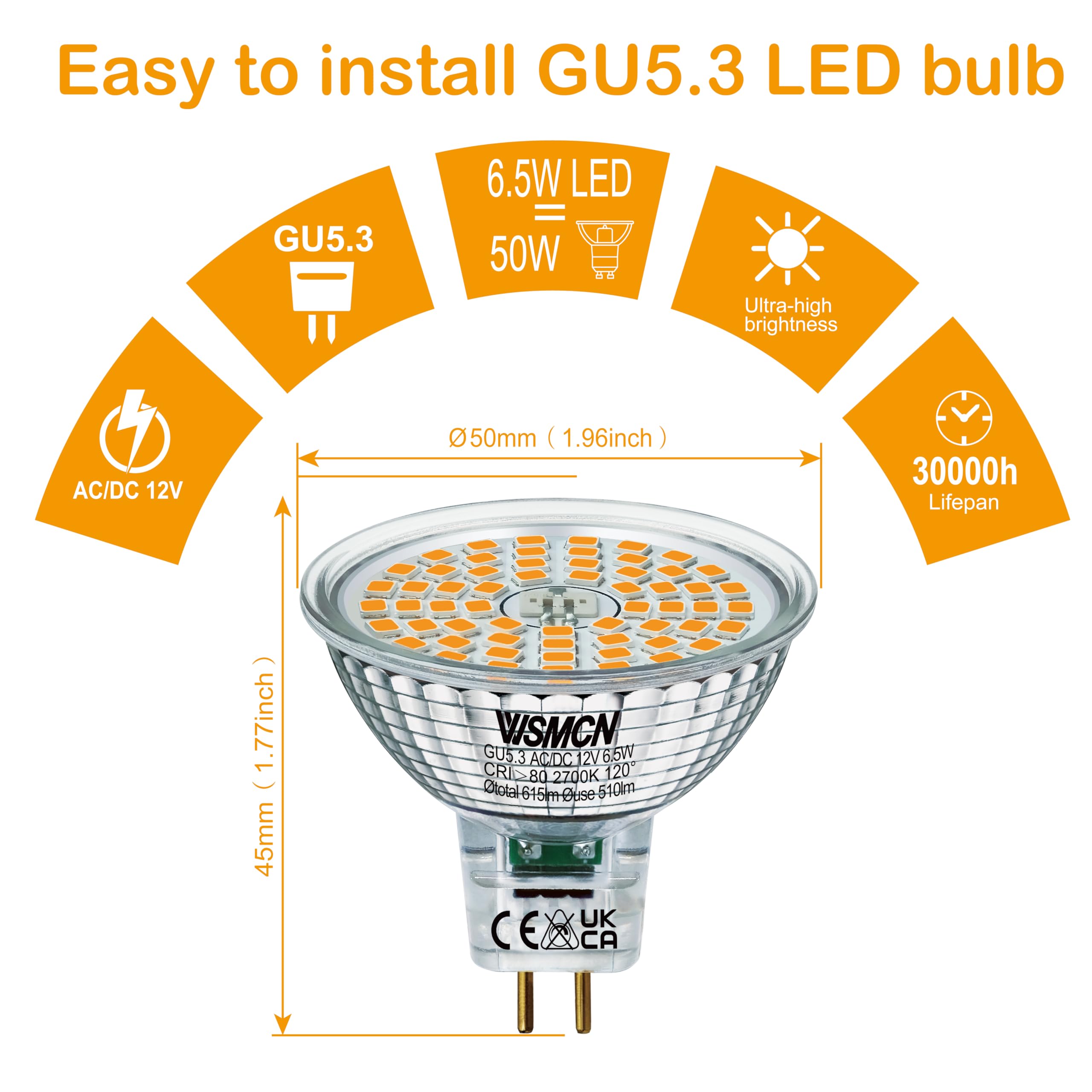 WSMCN MR16 GU5.3 LED Light Bulbs Warm White 2700K, 6.5W Equivalent to 50W Halogen, Bi-Pin Base 12V 615LM, Non Dimmable - Image 3