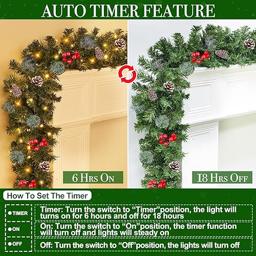 Miniatura 3 de Guirnalda de Navidad de 9 pies por 10 pulgadas, 50 luces LED, guirnalda iluminada a pilas con conos de pino, ramas exuberantes de bayas rojas,