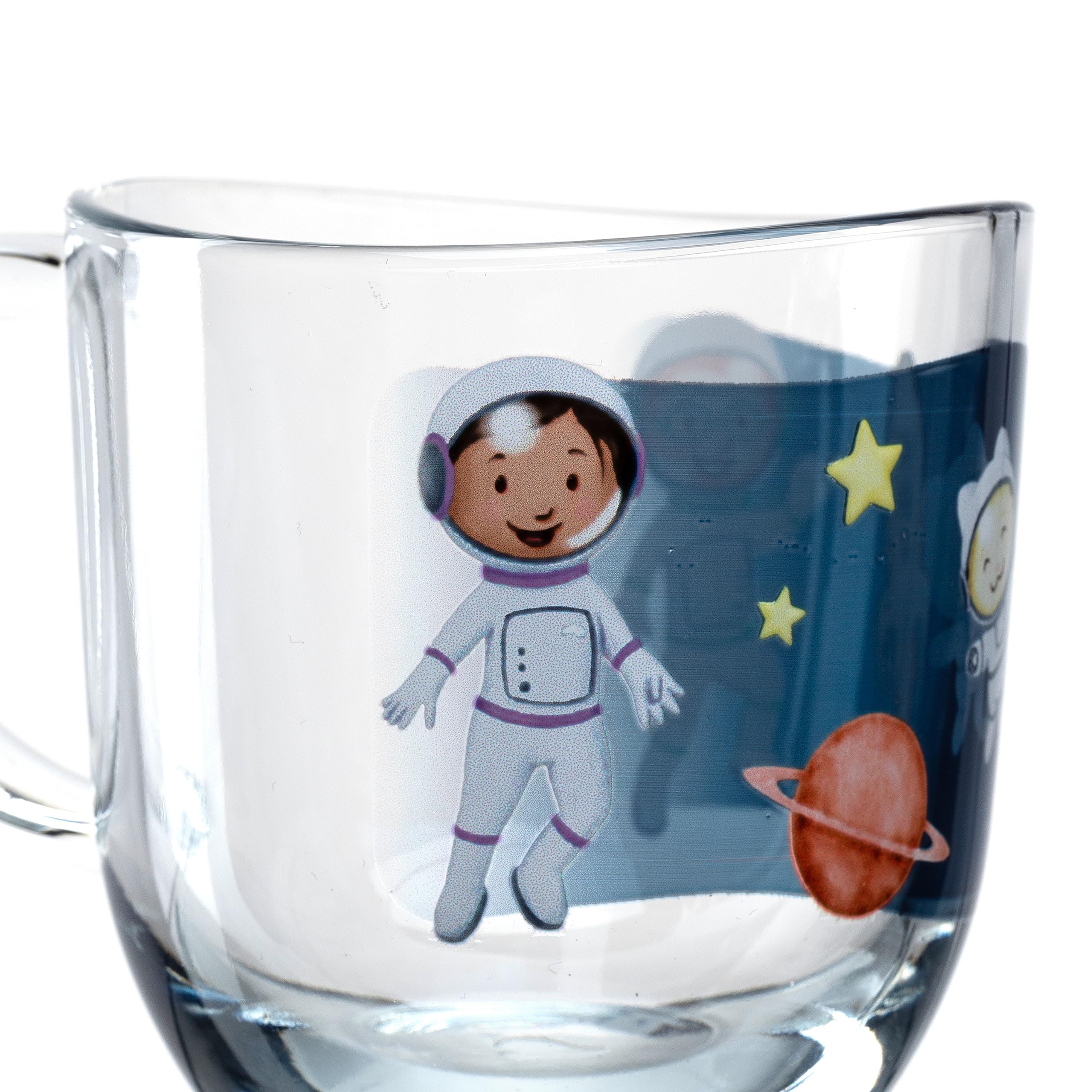 LEONARDO Bambini Avventura - Juego de 6 tazas infantiles con diseño de cristal de paredes gruesas, capacidad 280 ml, apto para lavavajillas, microondas, resistente, juego de 6 con diseño del espacio