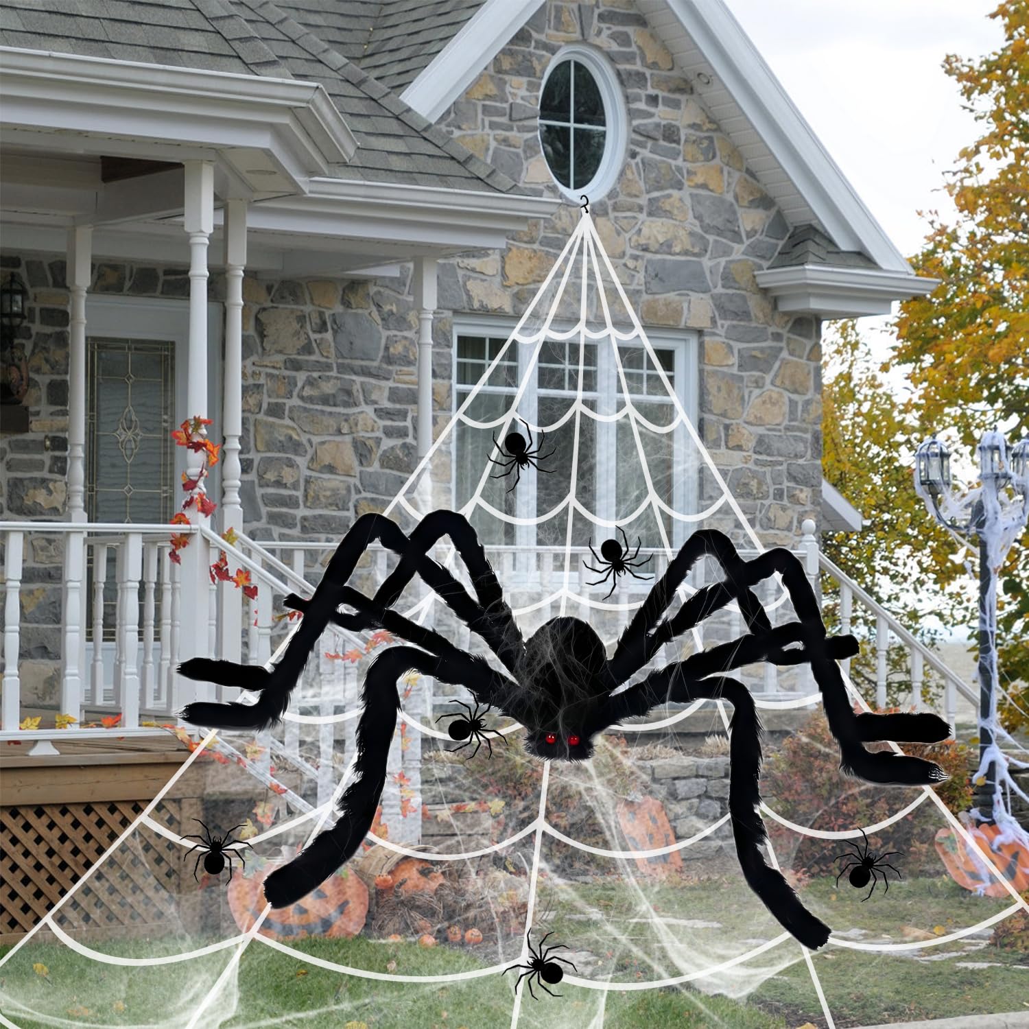 Halloween Decorations 276'' Giant Spider Web Big Fake Hairy Spider, Triangular Big Web 20 Small Spiders Halloween Decor Set for Indoor Outdoor Yard Garden Home Parties Haunted House Décor