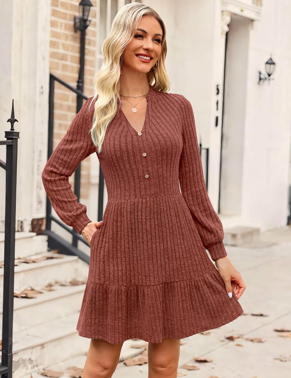 Kranda Women 2026 Spring Long Sleeve Button V Neck Casual Knit Ribbed Winter Sweater Short Mini Dresses with Pockets - Image 2