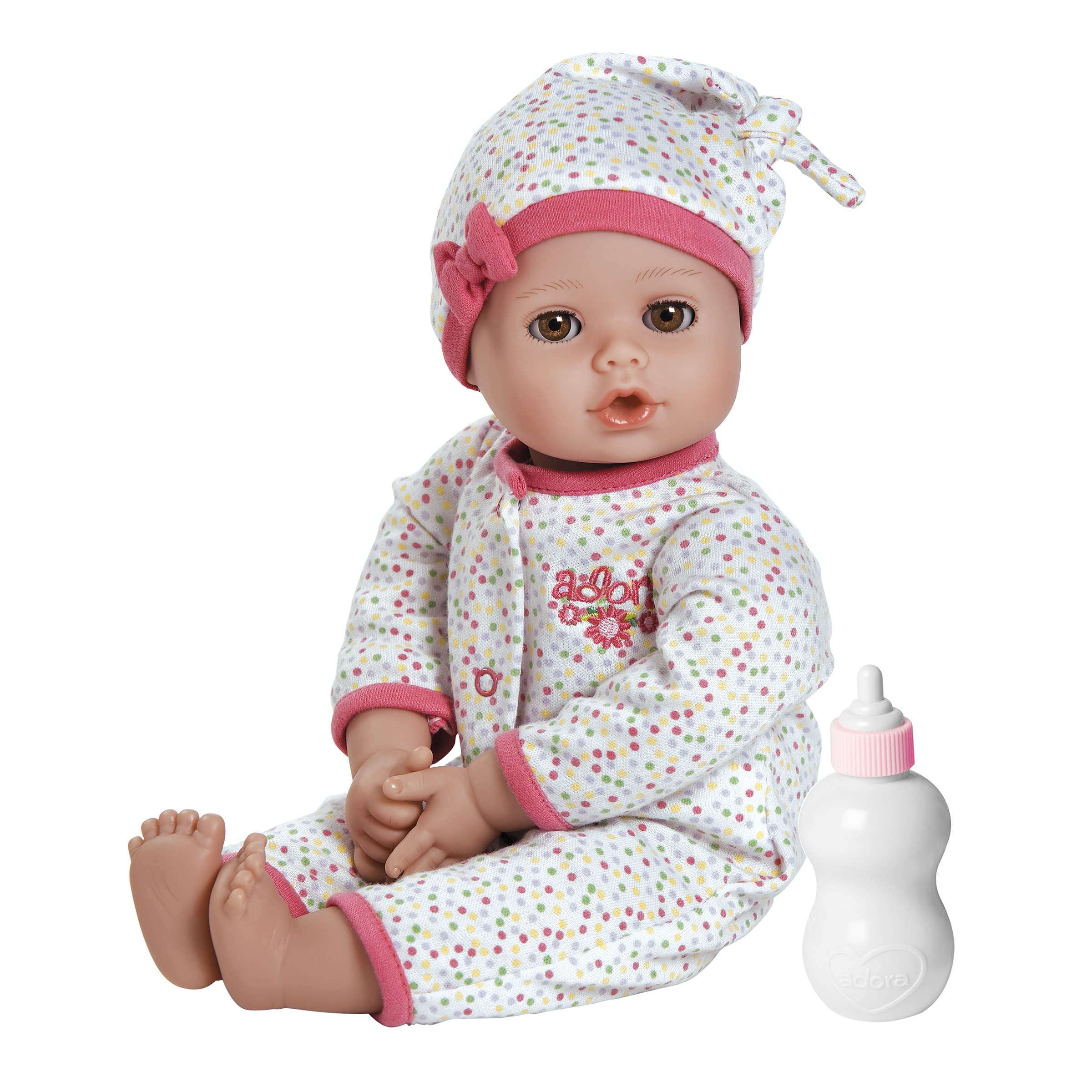 Adora Playtime Dot 13 inch Baby Doll with spotty sleeper, hat and Bottle White/Pink Buy Online Adora Playtime Dot 13 inch Baby Doll with spotty sleeper, hat and Bottle White/Pink Buy Online