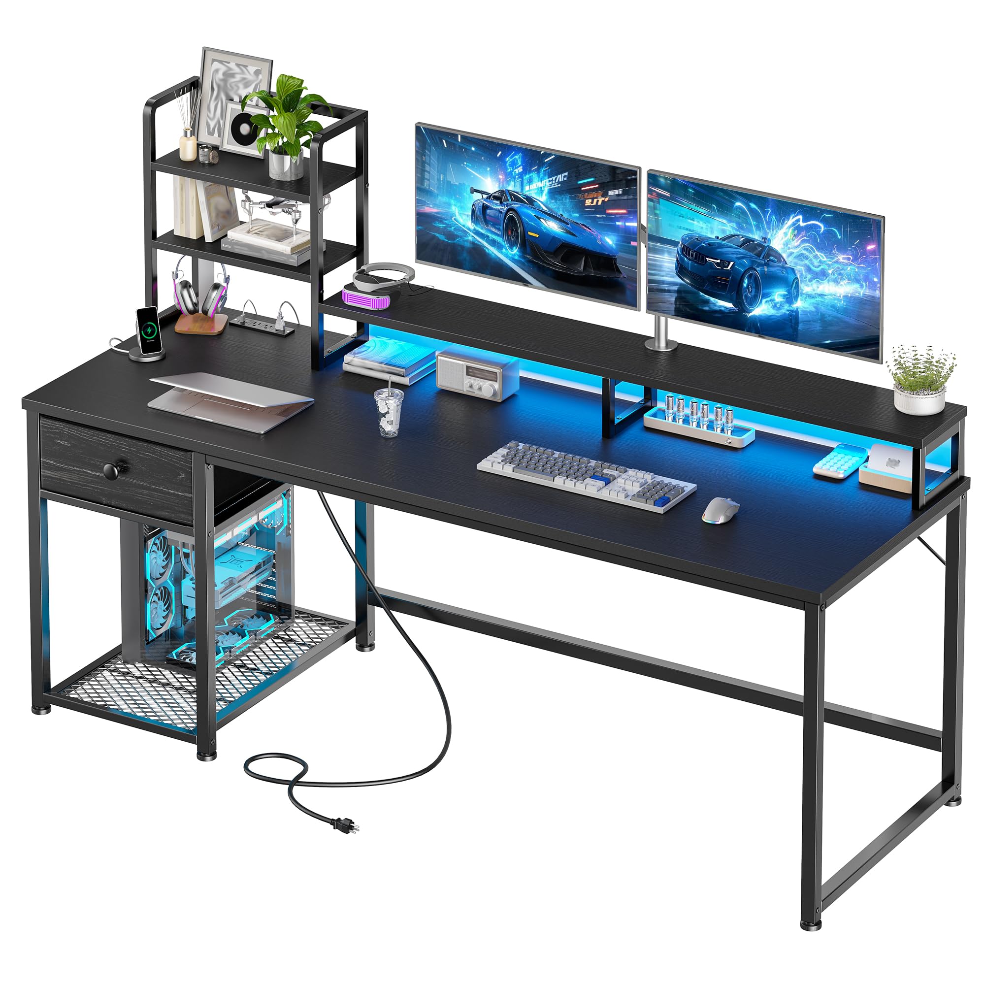 EnHomee 55 Inch Gaming Desk with Hutch and Drawers,Reversible Computer Desk with Monitor Shelf,Home Office Desks with USB Power Outlets and Storage,Pc