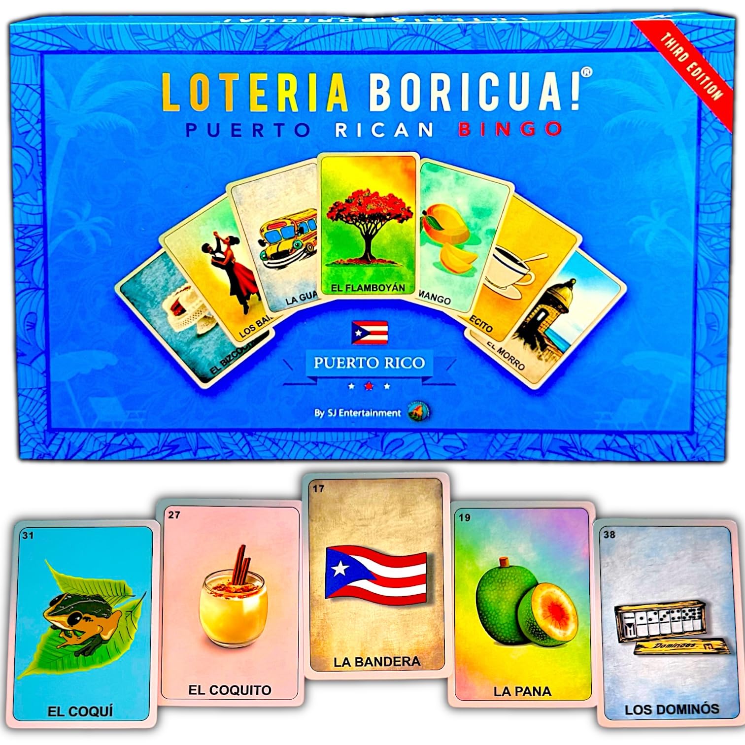 SJ Entertainment Puerto Rico Bingo: Lotería Boricua (3rd Edition) – Bilingual Puerto Rican Party Game – Collectible Millennial Twist on Classic Bingo – PR Slang & Translation Included