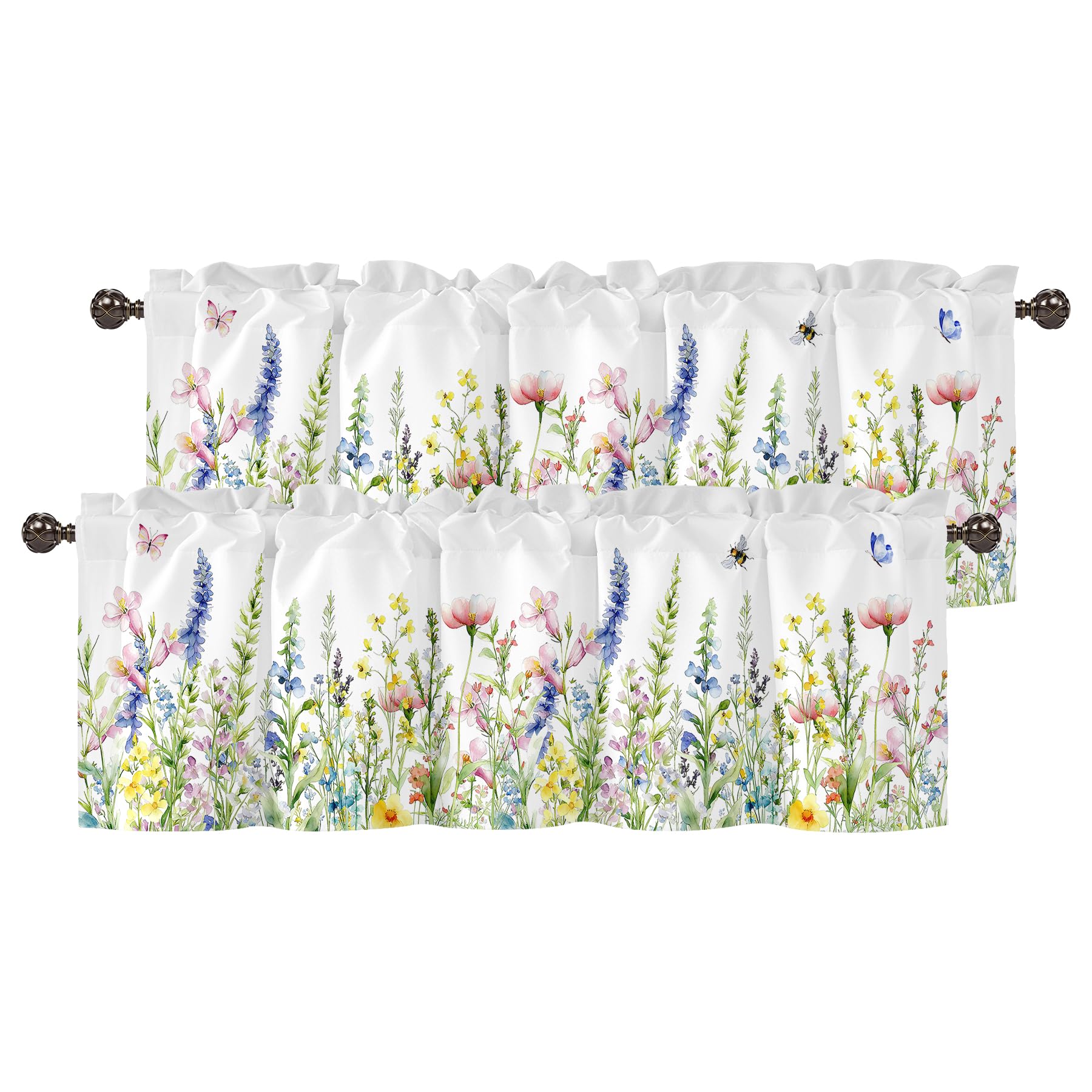 Spring Wildflower Green Leaves Valance Curtains, Rod Pocket 54x18 in