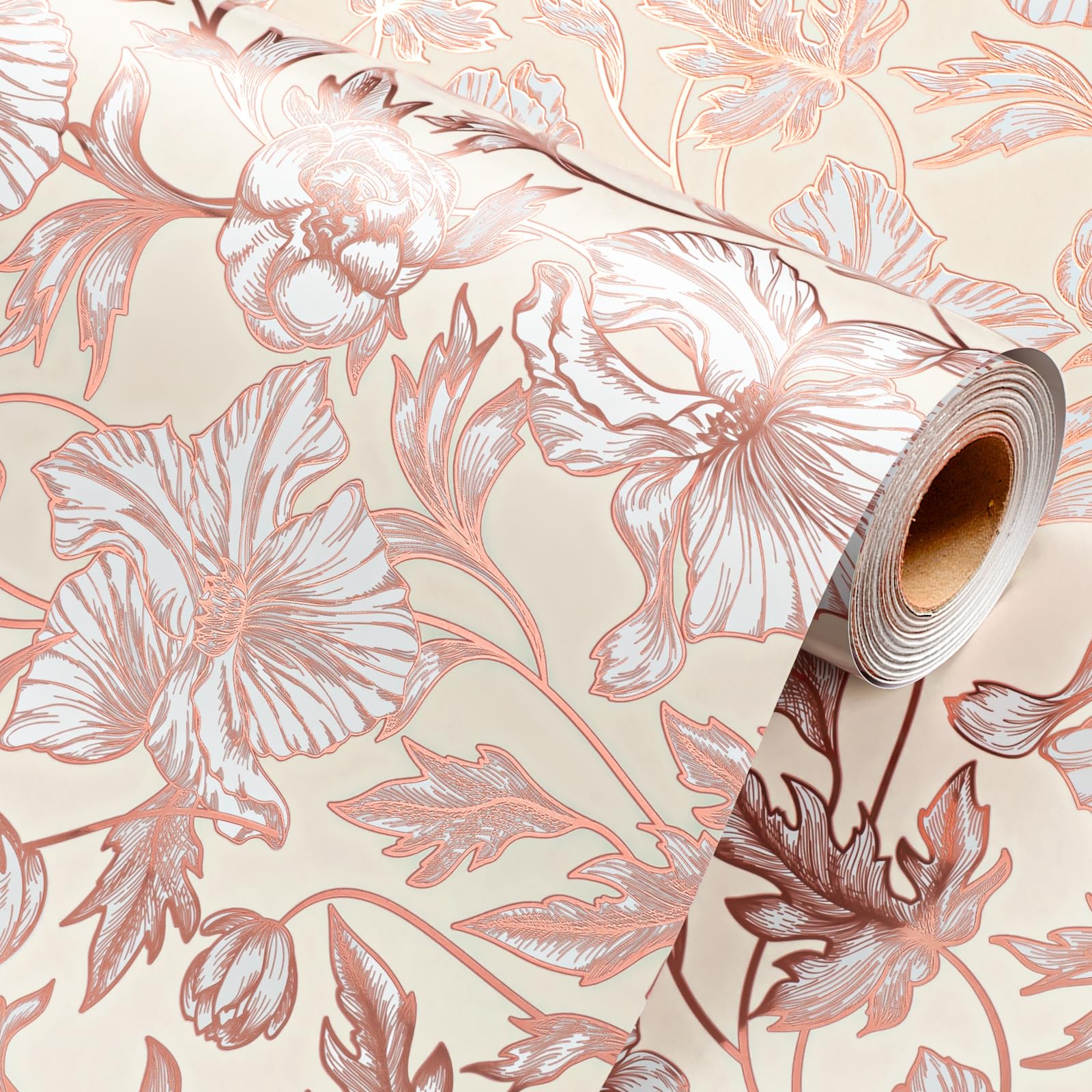 Wikadlik Flower Wrapping Paper Roll - Floral Rose Gold Gift Wrap Paper with Grid Cutting Line for Mothers Day, Valentines Day, Wedding, Birthday - 43cm x 10m — image 1