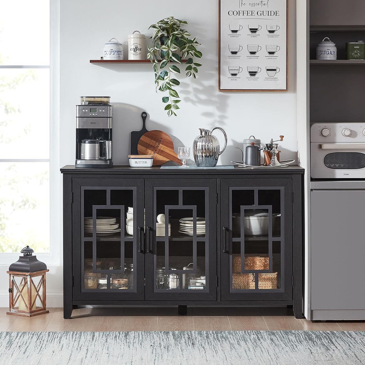 Joaxswe Large Sideboard Buffet Cabinet with Storage, 55" Farmhouse Black Kitchen Coffee Wine Bar Cabinet with 3 Glass Doors, Wood Mid Century Modern Side Board Table for Dining Room, Living Room