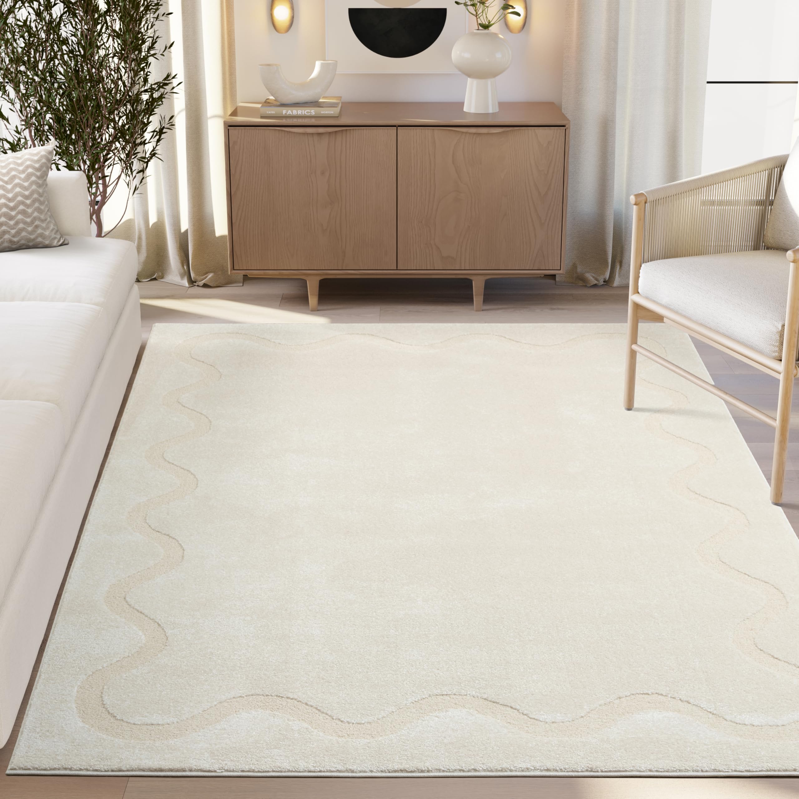 Abani Cozy 6' x 9' Beige Area Rug for Living Room, Bedroom - Wavy Border - Durable & Easy to Clean