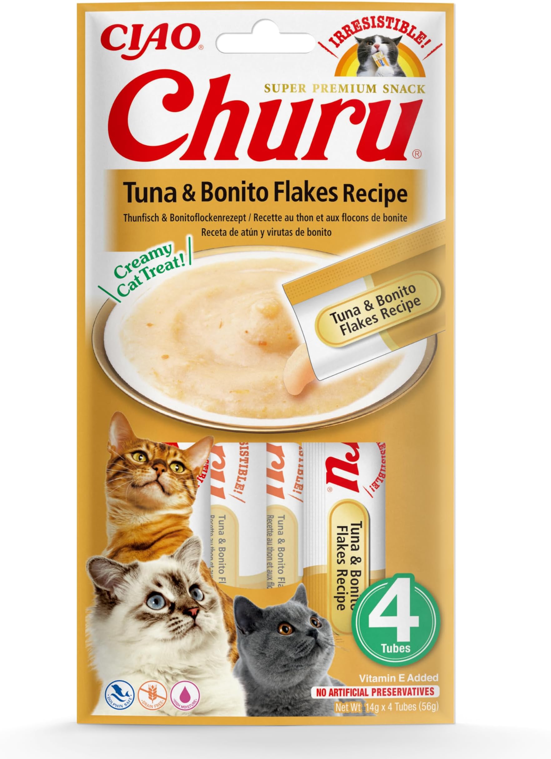 Ciao Churu Sticks by INABA Cat Treat -Tuna & Bonito Flakes Flavour (4 x 14g) / Soft & Creamy Treat, Delicious & Healthy Snack, Purée Food Topper, Pill Assist, Natural, Grain Free, Wet Cat Food