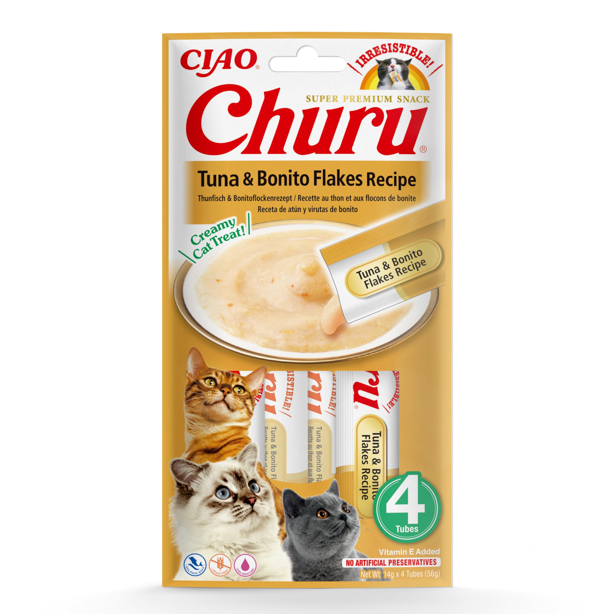 Ciao Churu Sticks by INABA Cat Treat -Tuna & Bonito Flakes Flavour (4 x 14g) / Soft & Creamy Treat, Delicious & Healthy Snack, Purée Food Topper, Pill Assist, Natural, Grain Free, Wet Cat Food