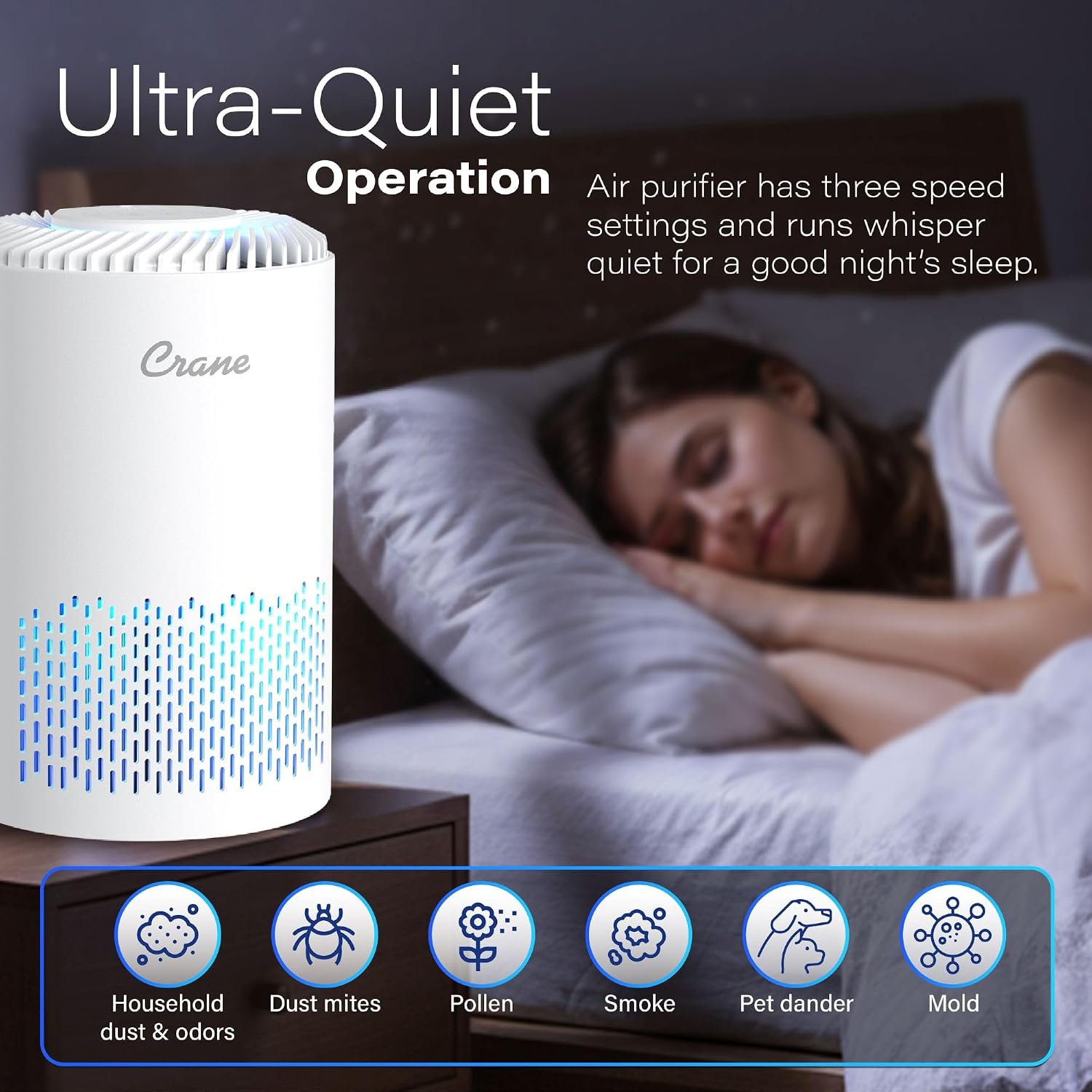 Crane True HEPA Air Purifier for Home, Bedroom, and Dorm Room, Up To 150 Sq Ft Small Air Purifier for Dust, Smoke, Dander, Bedroom Essentials, Features 4-8 Hour Timer, Night Light, Aroma Tray