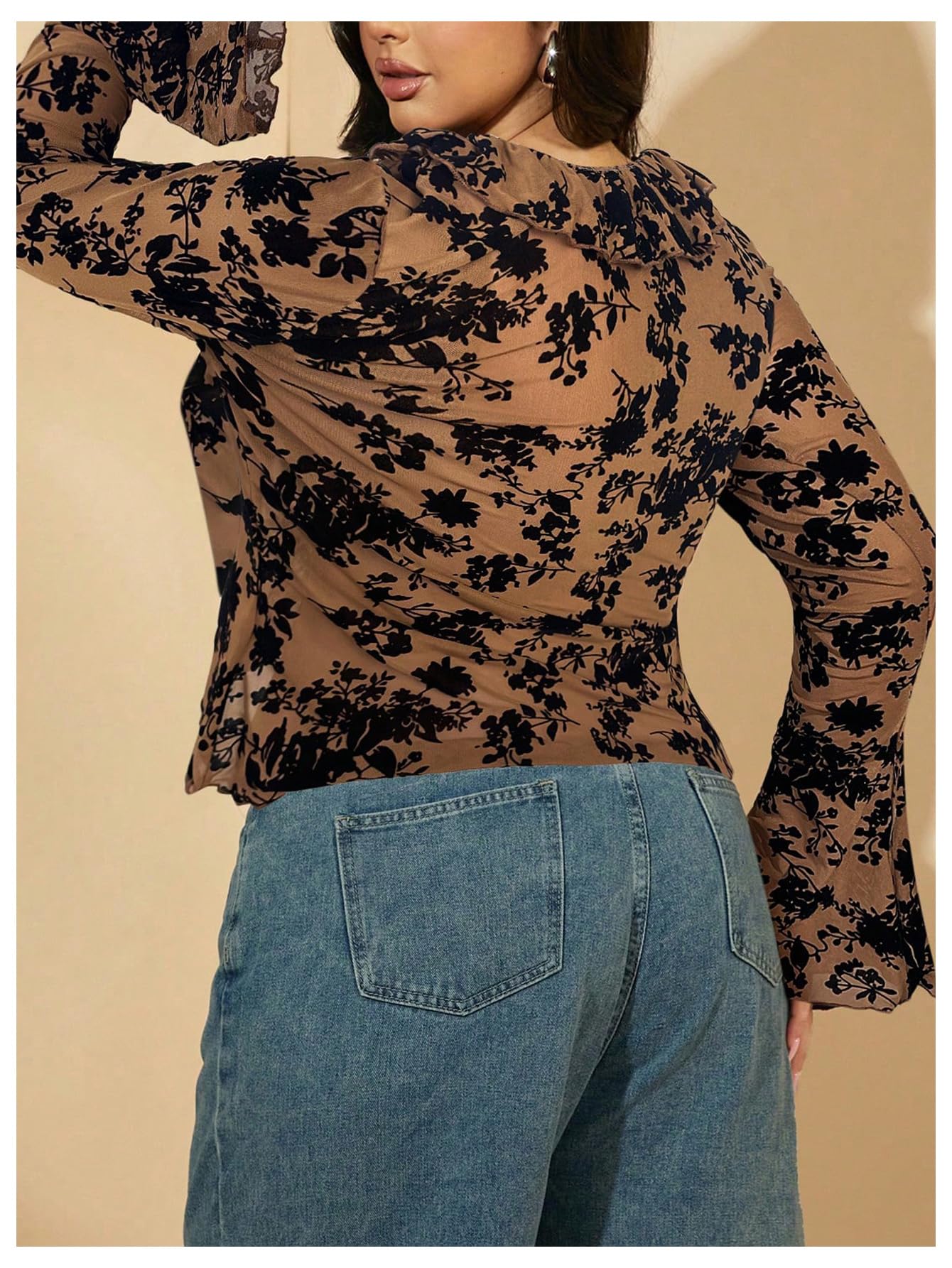 WDIRARA Women's Plus Size Floral Lace Sheer T Shirt Tie Front Long Bell Sleeve Tee Going Out Tops: 4X-Large Plus Brown