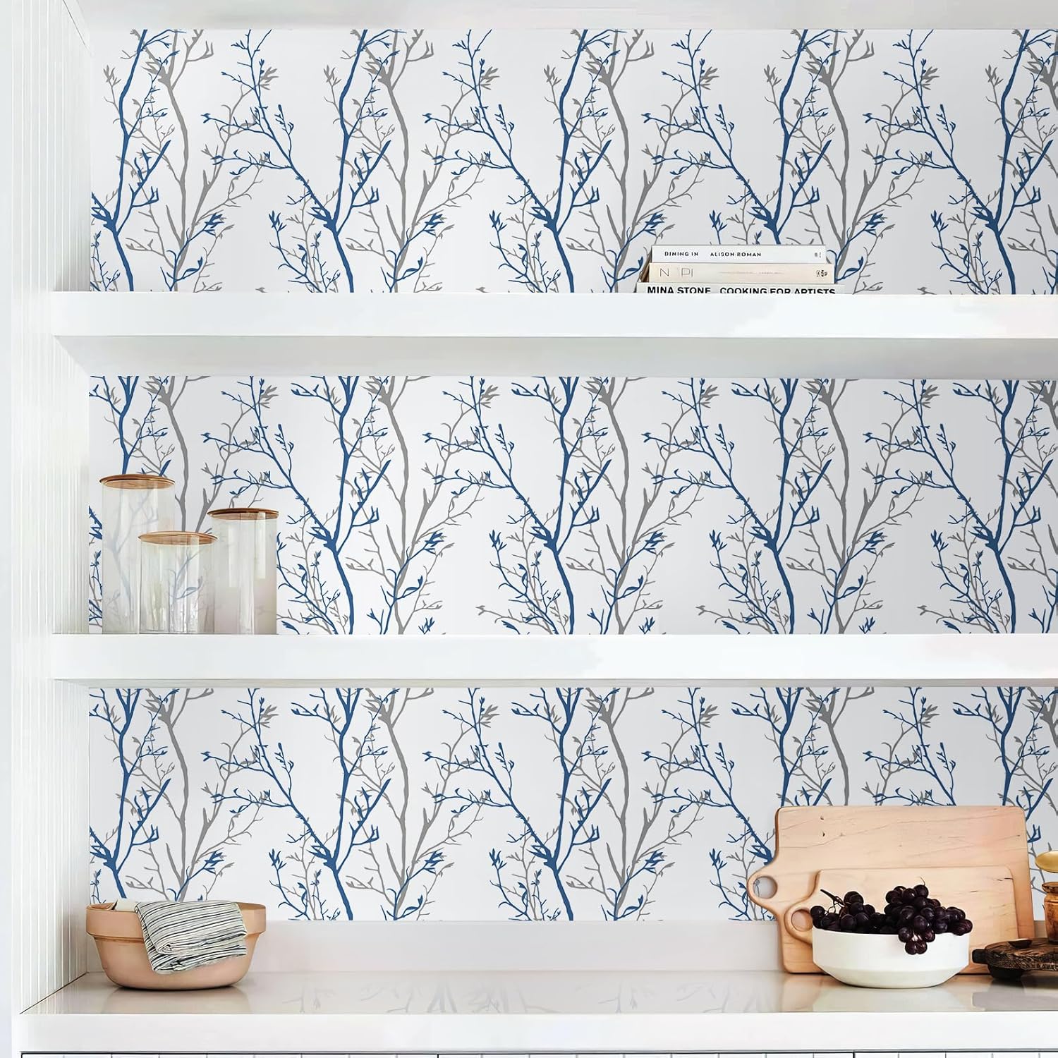 Mecpar Gray Blue Tree Branches Peel and Stick Wallpaper 17.71" x 394" Natural Wall Paper Modern Tree Branch Contact Paper Removable Wallpaper Self-Adhesive Vinyl for Furniture Crafts Walls