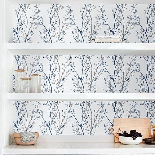 Miniatura 3 de Mecpar Papel Tapiz Despegar y Pegar Gris Azul de Ramas de Árbol 17.71" x 590" Papel de Pared Natural Moderno de Ramas de Árbol Papel de Contacto