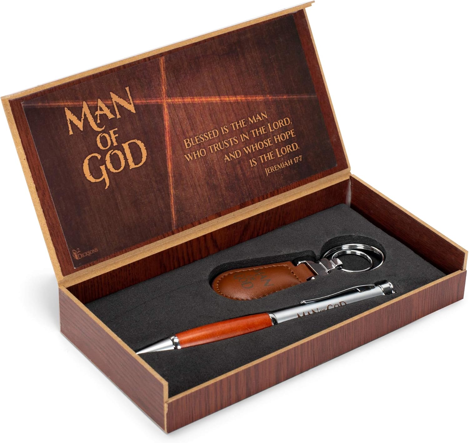 Dicksons Man of God 2 Piece Metal Woodgrain Ballpoint Pen and Leatherette Keychain Gift Boxed Set