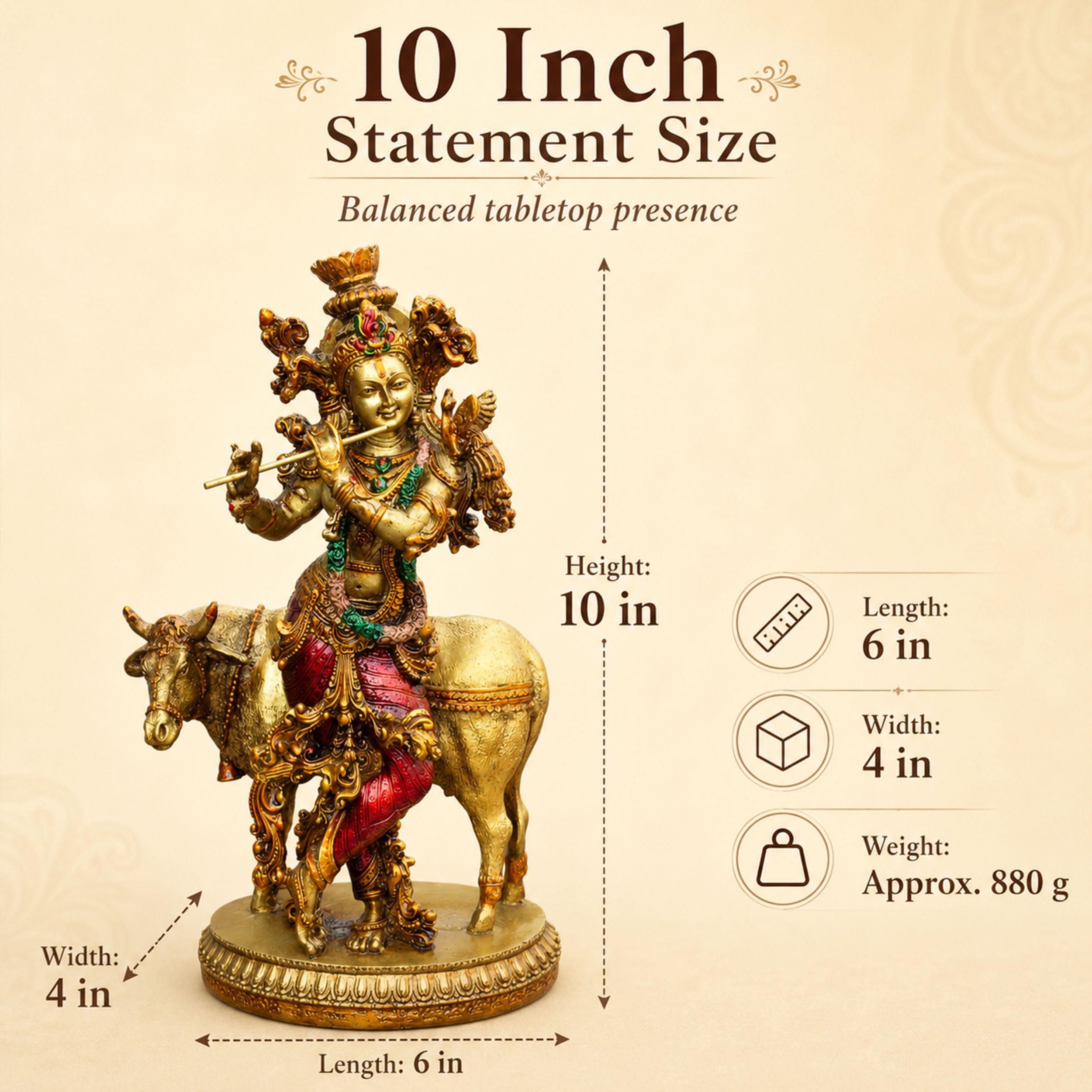 Govinda Gopala Statue, Lord Krishna and Cow Idol Showpiece, 10 Inch Double Coated Resin Antique Decorative Murti for Home Temple, Pooja Room & Gift — photo — 7 of 8