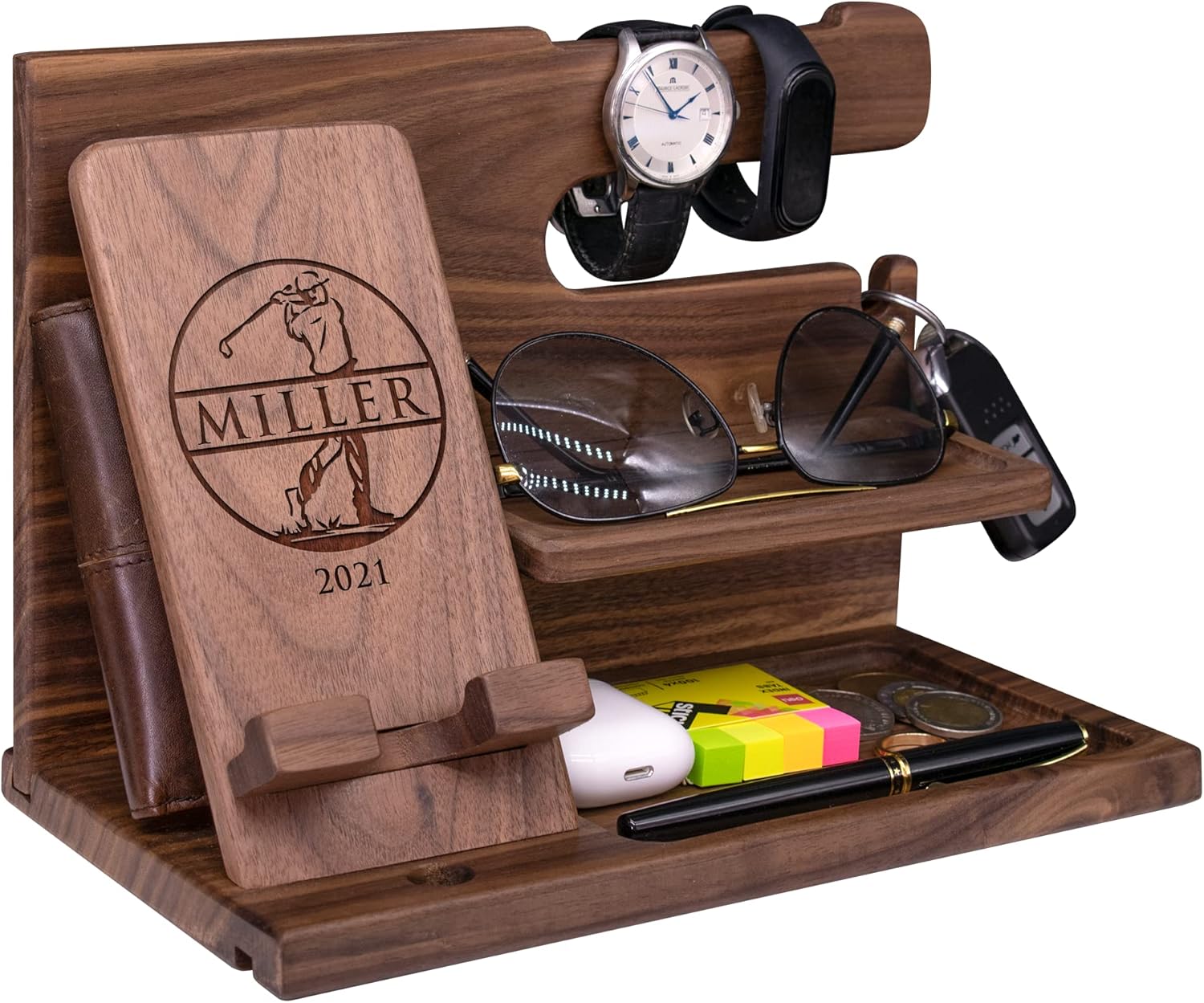 Phone Docking Station for Golfer - Handmade Unique Nightstand Organizer for His Accessories - Personalized Gift Ideas for Dad, Grandpa, Golf Lover on Xmas