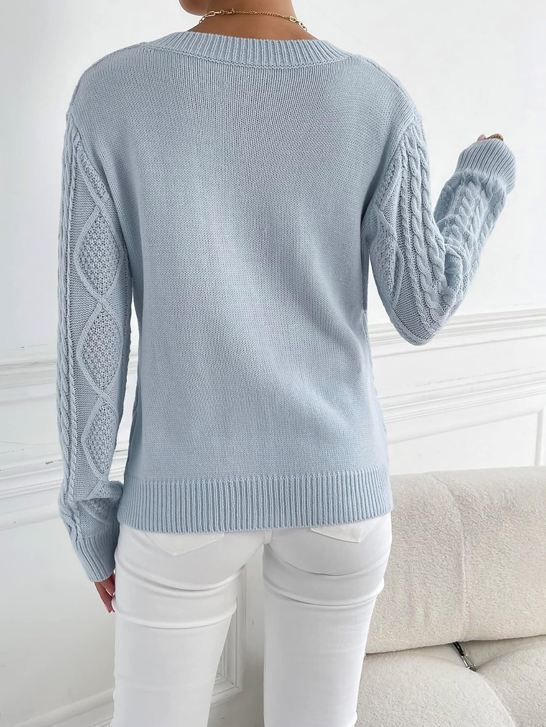 Women's Sweater Round Neck Cable Knit Sweater Sweater for Women (Color : Baby Blue, Size : Large)