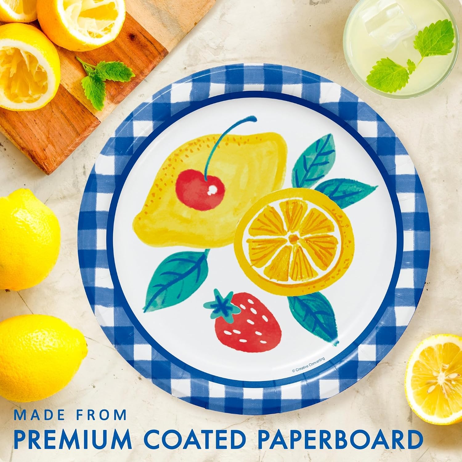 Lemon Fruit Party Supplies for 16 –Citrus Dinner/Lunch Plates & Blue Gingham Napkins – Summer Picnic, Main Squeeze Bridal Shower, Italian Amalfi Coast Theme Decorations