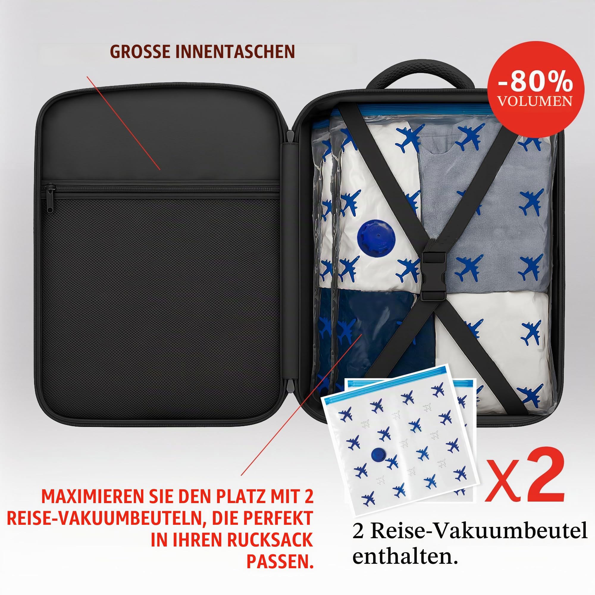 Lavatelli, Vakuum Rucksack Ryanair 40x30x20 + USB-C Pumpe & 2 Vakuumbeutel 40x45 cm | Vac-u-Bag, Handgepäck EasyJet Low Cost | Premium Kabinen Rucksack für Reisen