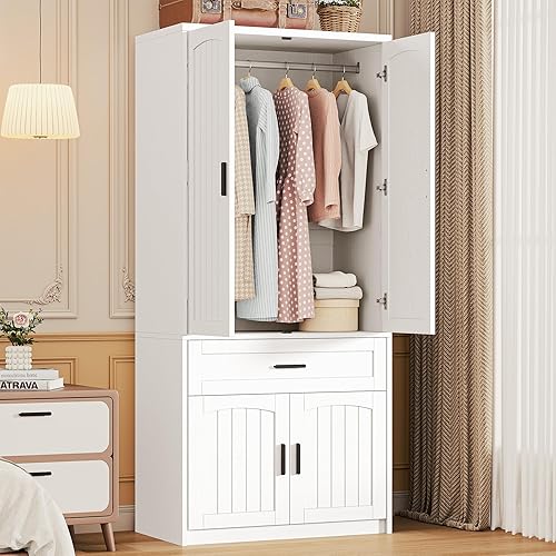 LIKIMIO 77" Tall Freestanding Armoire Wardrobe Closet with 4 Doors, Drawer, Hanging Rod & Adjustable Shelves, Bedroom Clothes Storage Cabinet, White