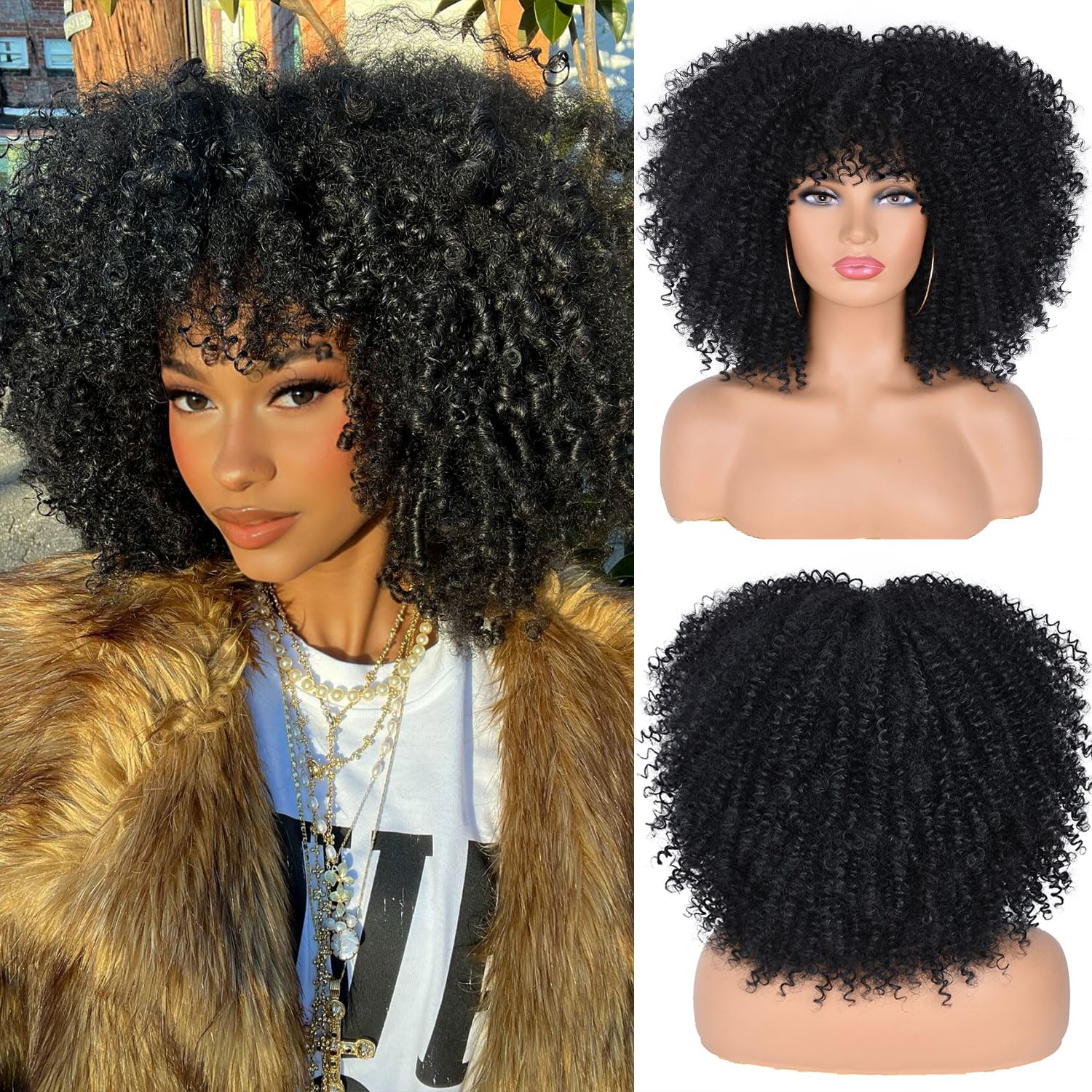 14inch Curly Afro Wigs for Black Women Short Kinky Curly Wigs with Bangs Black To Copper Afro Hair Synthetic Fibre Wigs BLACK R
