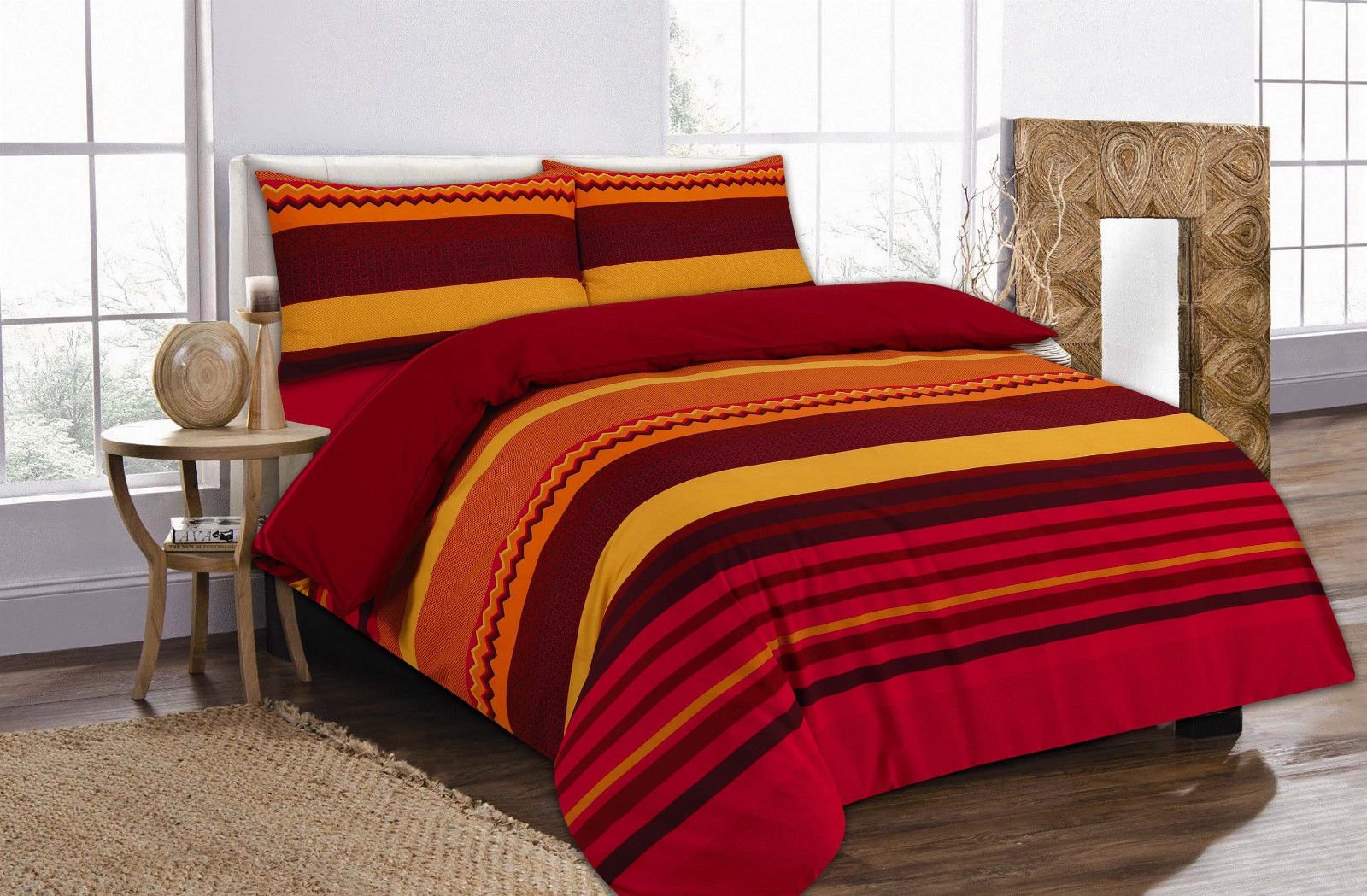 EHD Benjamin Stripes Modern Luxurious Duvet Cover Sets Quilt Cover Sets Reversible Bedding Sets With Matching Pillowcases (Red, Double)